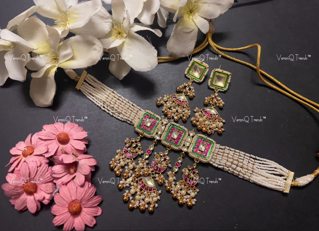 VeroniQ Trends-Traditional Kemp Stone With Chandbali Drops Gold Plated Pachi Kundan Choker Necklace Pachi Kundan-Gold Plated-Wedding Jewellery-Punjabi Jewellery-South Indian-Thappa Jewellery
