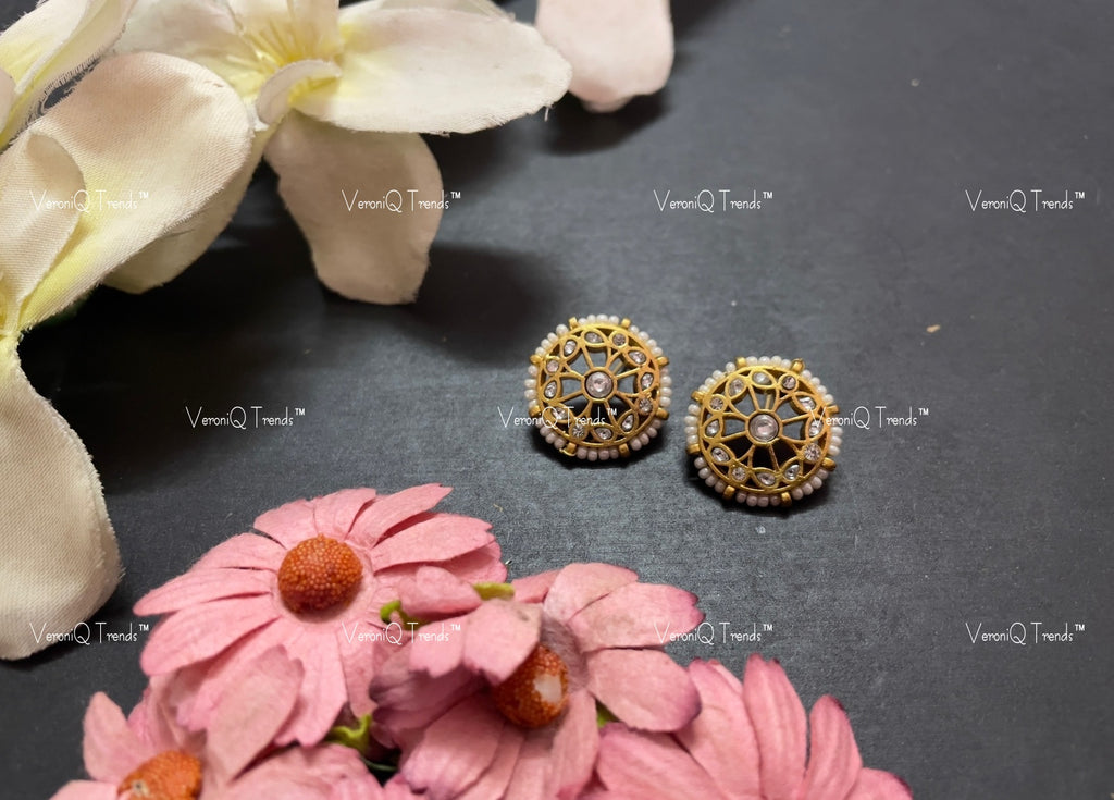 VeroniQ Trends-Traditional Kemp Stone Gold Plated Pachi Kundan Studs Earrings Pachi Kundan-Gold Plated-Wedding Jewellery-Punjabi Jewellery-South Indian-Thappa Jewellery