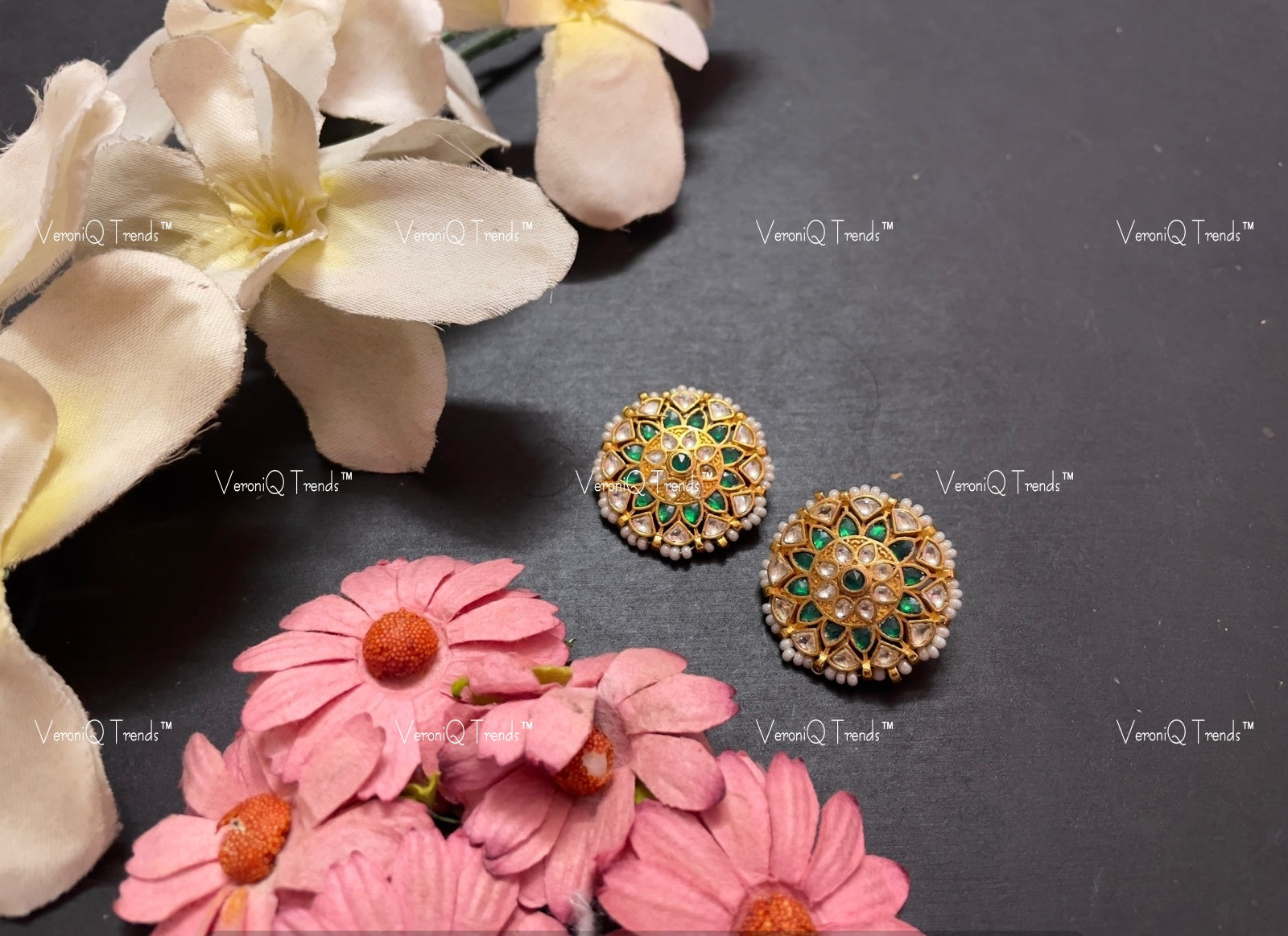 VeroniQ Trends-Gold Plated Kemp Stone Pachi Kundan Studs Earrings Pachi Kundan-Gold Plated-Wedding Jewellery-Punjabi Jewellery-South Indian-Thappa Jewellery