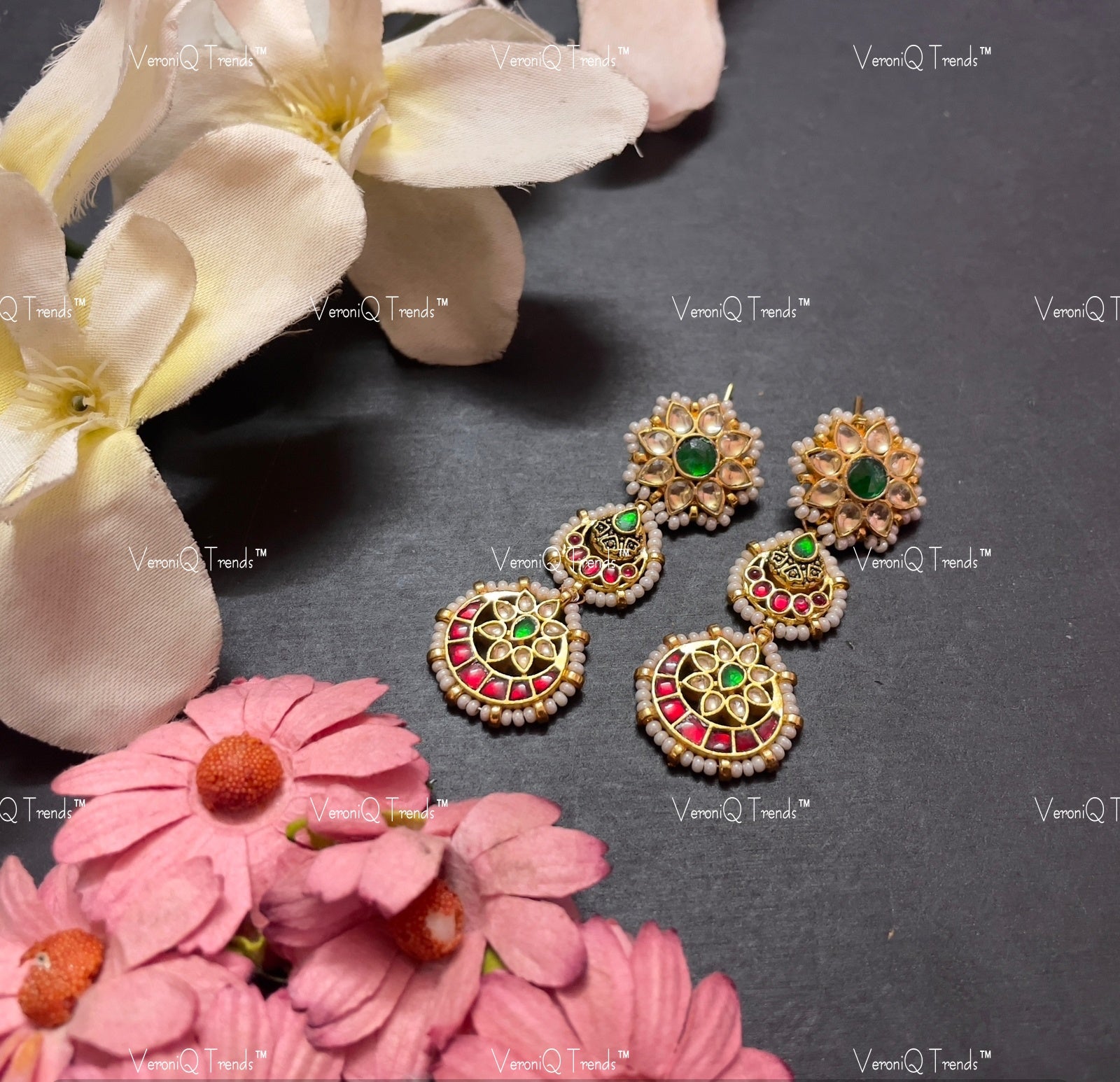 VeroniQ Trends-Gold Plated Kemp Stone Pachi Kundan Chandbali Earrings Pachi Kundan-Gold Plated-Wedding Jewellery-Punjabi Jewellery-South Indian-Thappa Jewellery