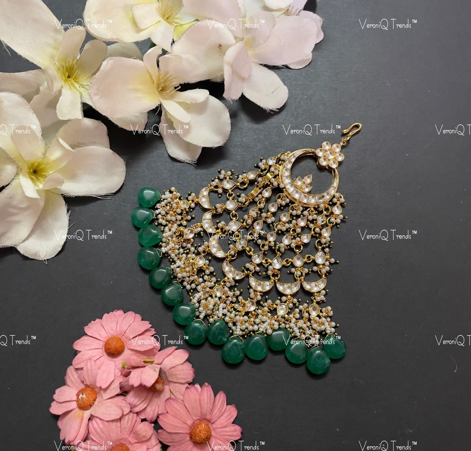 VeroniQ Trends-Traditional Gold Plated Pachi Kundan With Green Beads Passa Pachi Kundan-Gold Plated-Wedding Jewellery-Punjabi Jewellery-South Indian-Thappa Jewellery