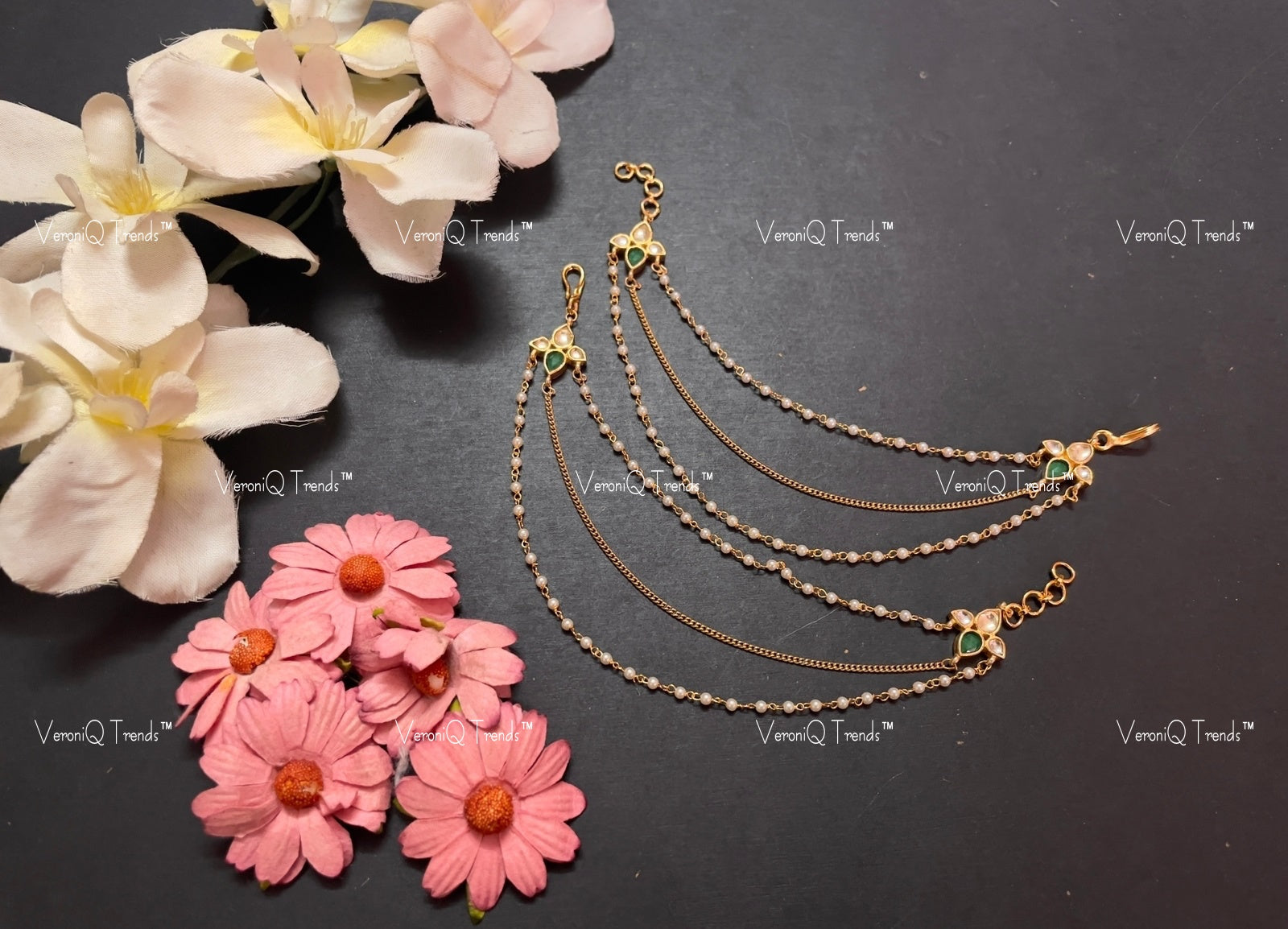VeroniQ Trends-Gold Plated Pachi Kundan Earchain Pachi Kundan-Gold Plated-Wedding Jewellery-Punjabi Jewellery-South Indian-Thappa Jewellery