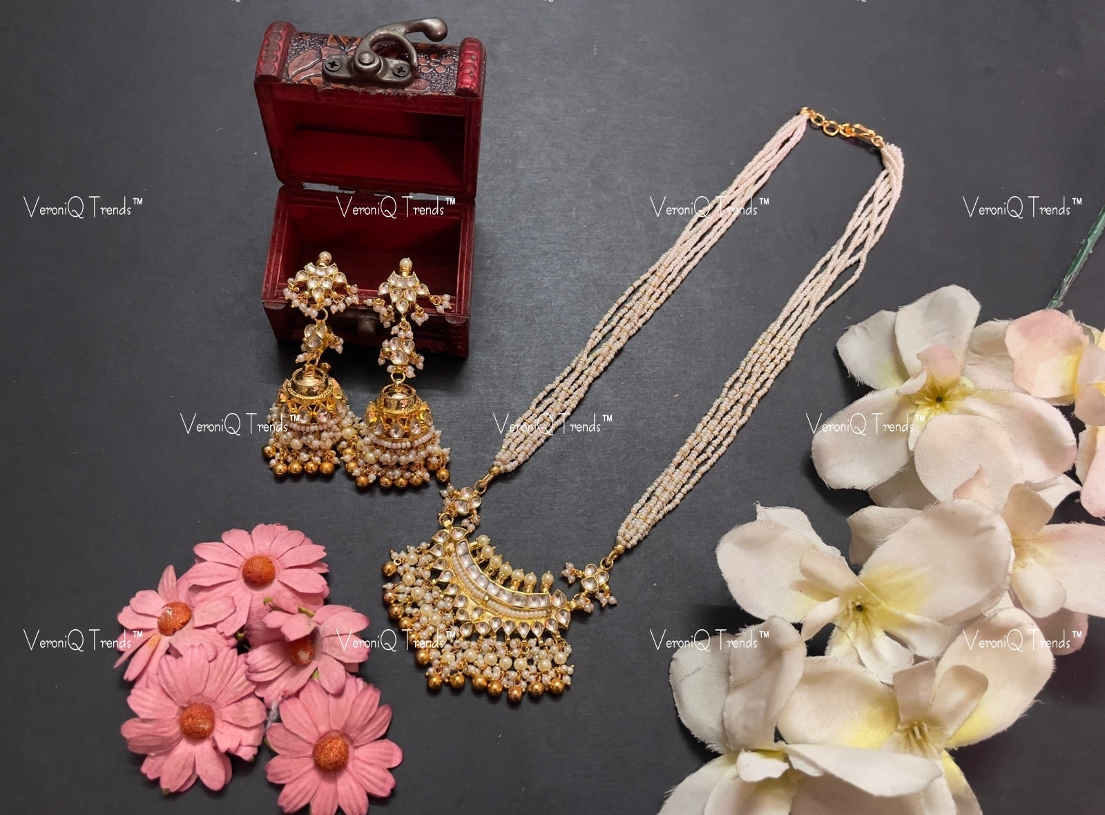 VeroniQ Trends-Multistrand Beaded Kundan Jadau Gold Plated Pachi Kundan Long Necklace Pachi Kundan-Gold Plated-Wedding Jewellery-Punjabi Jewellery-South Indian-Thappa Jewellery