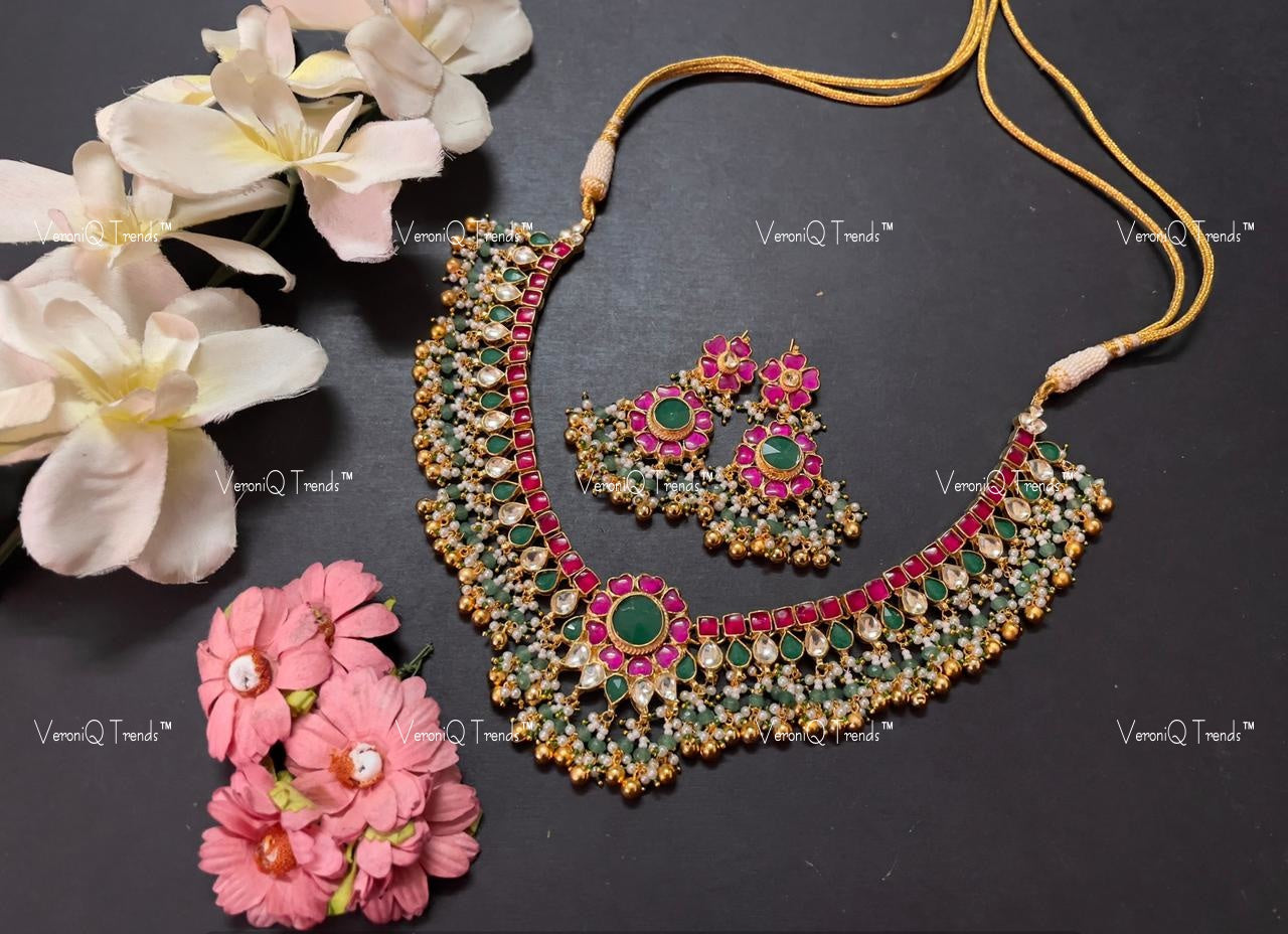 VeroniQ Trends-Traditional Kemp Stone Gold Plated Pachi Kundan Necklace Pachi Kundan-Gold Plated-Wedding Jewellery-Punjabi Jewellery-South Indian-Thappa Jewellery