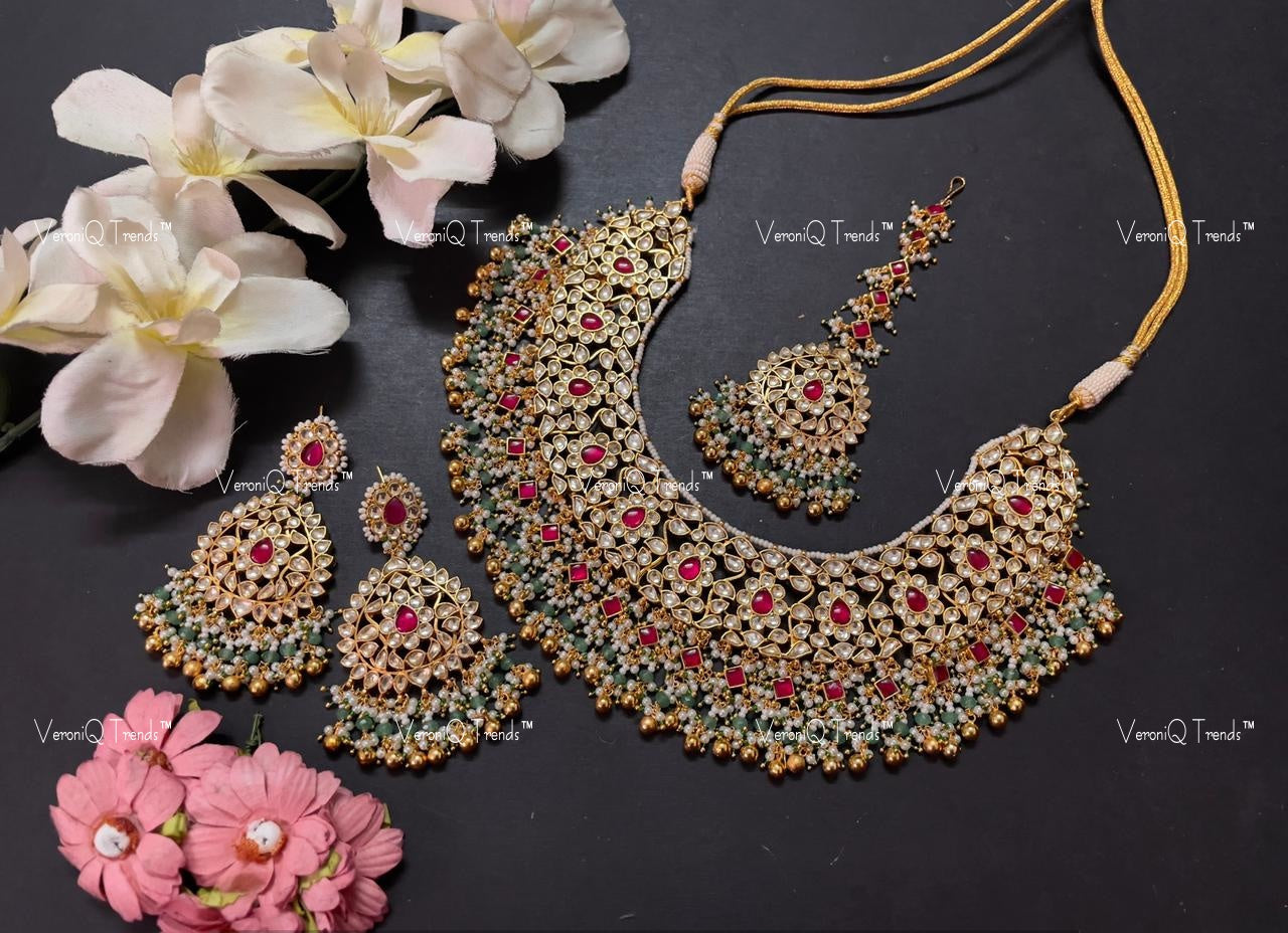 VeroniQ Trends-Bridal Kemp Stone Gold Plated Pachi Kundan Necklace Pachi Kundan-Gold Plated-Wedding Jewellery-Punjabi Jewellery-South Indian-Thappa Jewellery