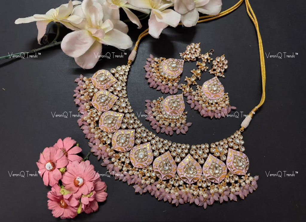 VeroniQ Trends-Traditional Pink Meenakari Kundan Jadau Gold Plated Pachi Kundan Necklace Pachi Kundan-Gold Plated-Wedding Jewellery-Punjabi Jewellery-South Indian-Thappa Jewellery
