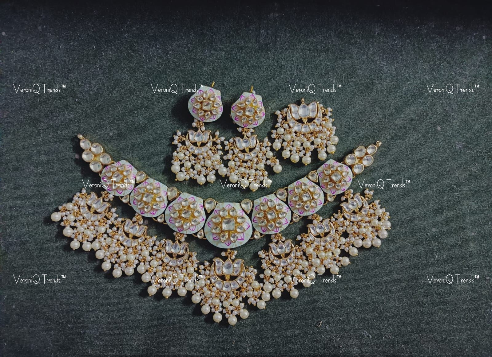 VeroniQ Trends-Pink Color Meenakari Gold Plated Pachi Kundan Pearl Chandbali Drops Choker Necklace Pachi Kundan-Gold Plated-Wedding Jewellery-Punjabi Jewellery-South Indian-Thappa Jewellery
