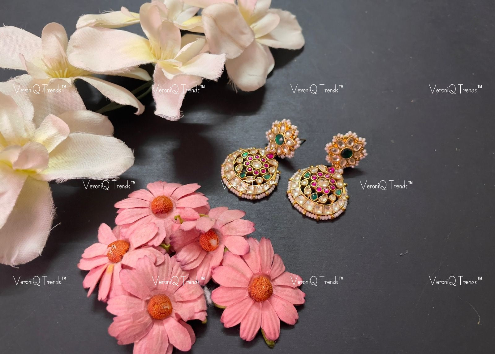 VeroniQ Trends-Royal Kemp Stone Gold Plated Pachi Kundan Earrings Pachi Kundan-Gold Plated-Wedding Jewellery-Punjabi Jewellery-South Indian-Thappa Jewellery