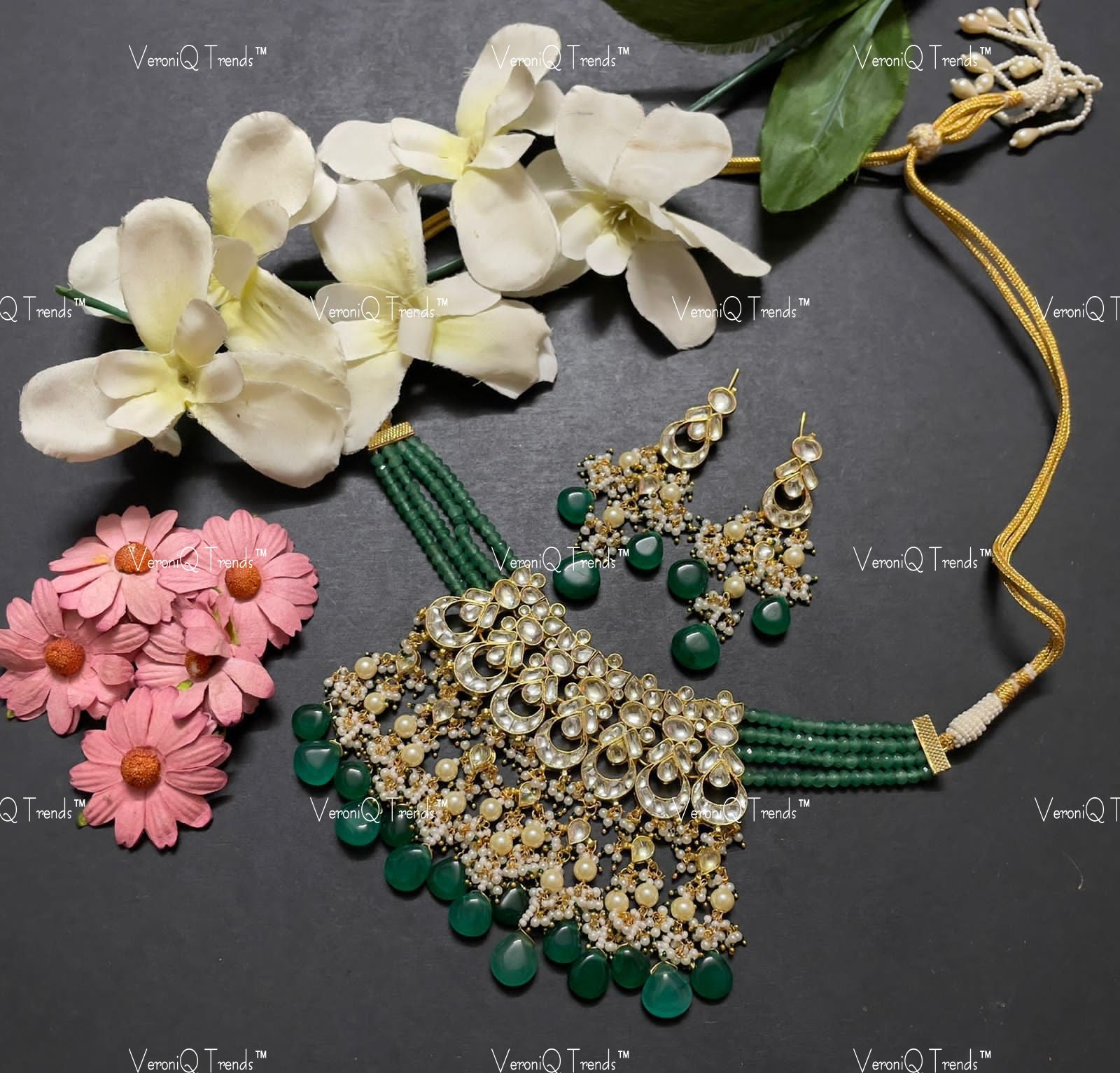 VeroniQ Trends-Traditional Gold Plated Multistrand Green Beads Pachi Kundan Chandbali Necklace Pachi Kundan-Gold Plated-Wedding Jewellery-Punjabi Jewellery-South Indian-Thappa Jewellery