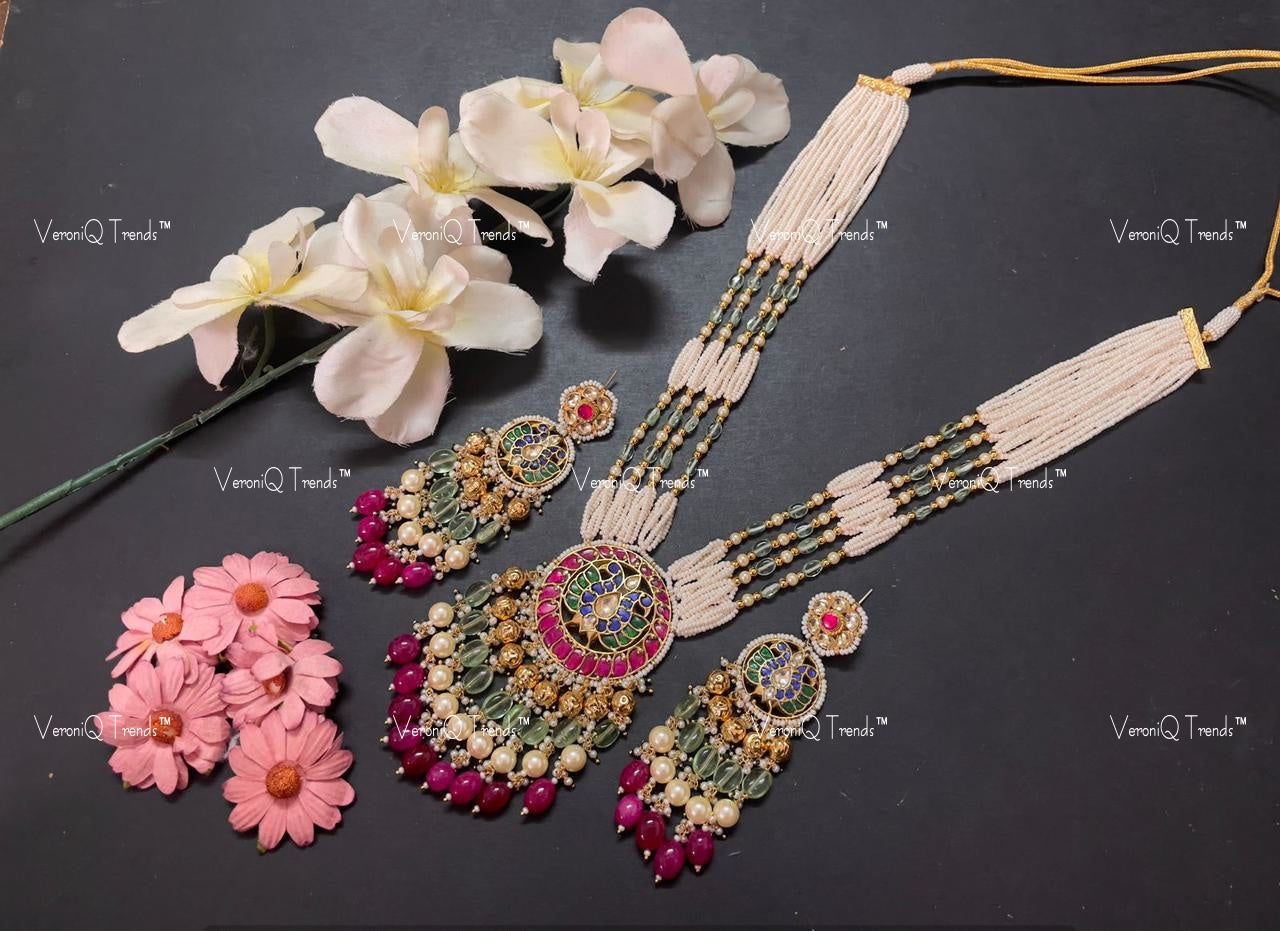 VeroniQ Trends-Traditional Multistrand Pearl Beaded Gold Plated Pachi Kundan Long Raani Haar Necklace with Peacock Motif Pachi Kundan-Gold Plated-Wedding Jewellery-Punjabi Jewellery-South Indian-Thappa Jewellery