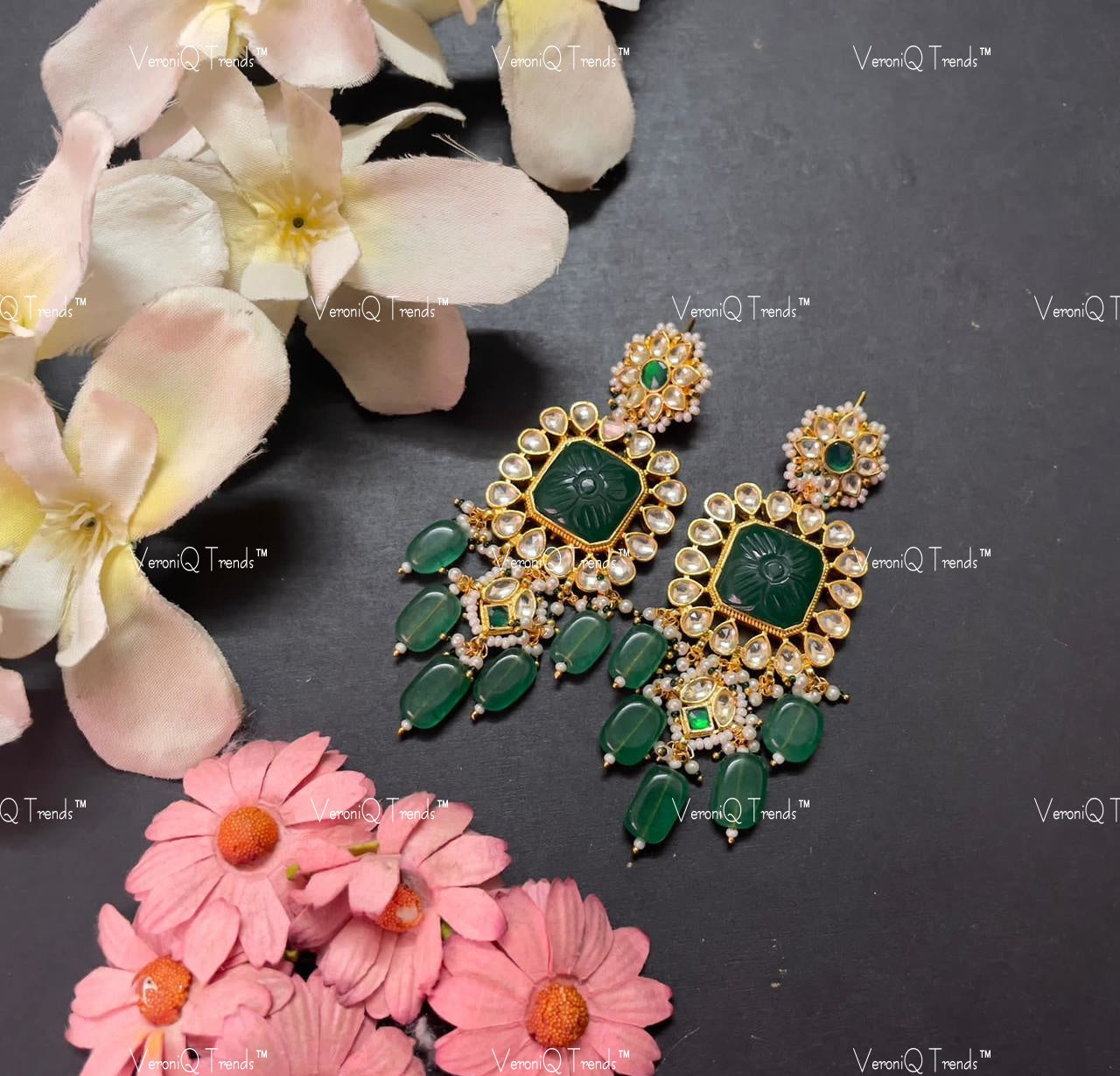 VeroniQ Trends-Kemp Stone Gold Plated Pachi Kundan Earrings Pachi Kundan-Gold Plated-Wedding Jewellery-Punjabi Jewellery-South Indian-Thappa Jewellery