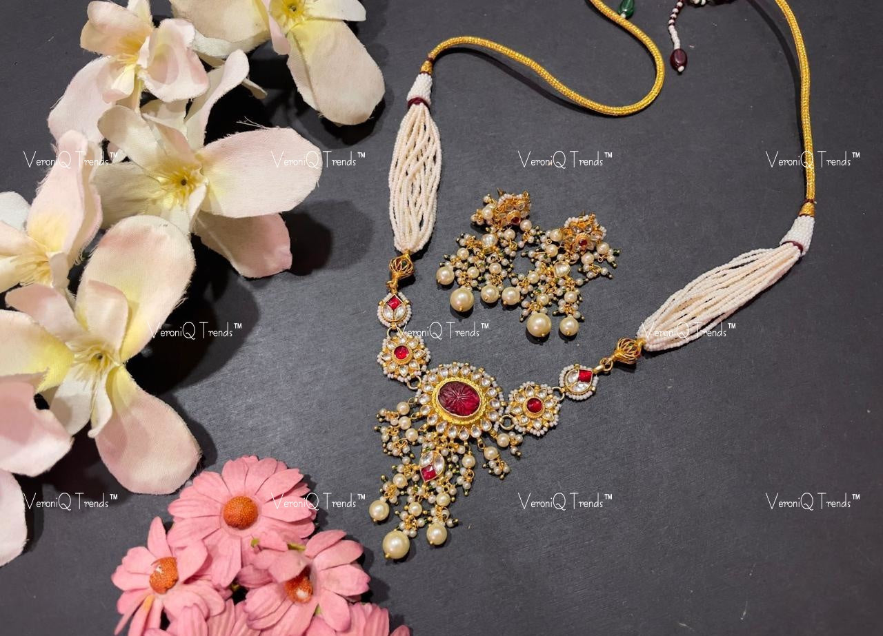 VeroniQ Trends-Multistrand Red Stone Gold Plated Pachi Kundan Necklace Pachi Kundan-Gold Plated-Wedding Jewellery-Punjabi Jewellery-South Indian-Thappa Jewellery