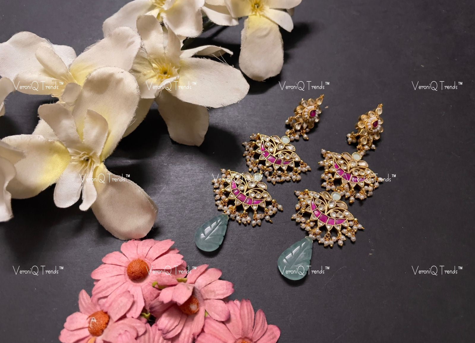 VeroniQ Trends-Kemp Stone With Turquoise Blue Beads Gold Plated Pachi Kundan Chandbali Earrings Pachi Kundan-Gold Plated-Wedding Jewellery-Punjabi Jewellery-South Indian-Thappa Jewellery