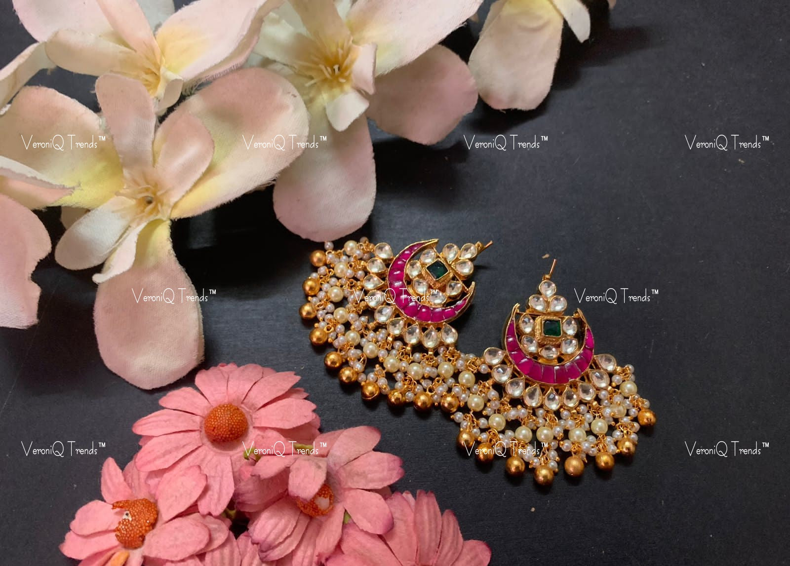 VeroniQ Trends-Traditional Kemp Stone Gold Plated Pachi Kundan Chandbali Earrings Pachi Kundan-Gold Plated-Wedding Jewellery-Punjabi Jewellery-South Indian-Thappa Jewellery
