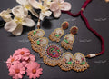 VeroniQ Trends-Pearl And Kemp Stone Gold Plated Pachi Kundan Choker Necklace With Pecock Motif Pachi Kundan-Gold Plated-Wedding Jewellery-Punjabi Jewellery-South Indian-Thappa Jewellery