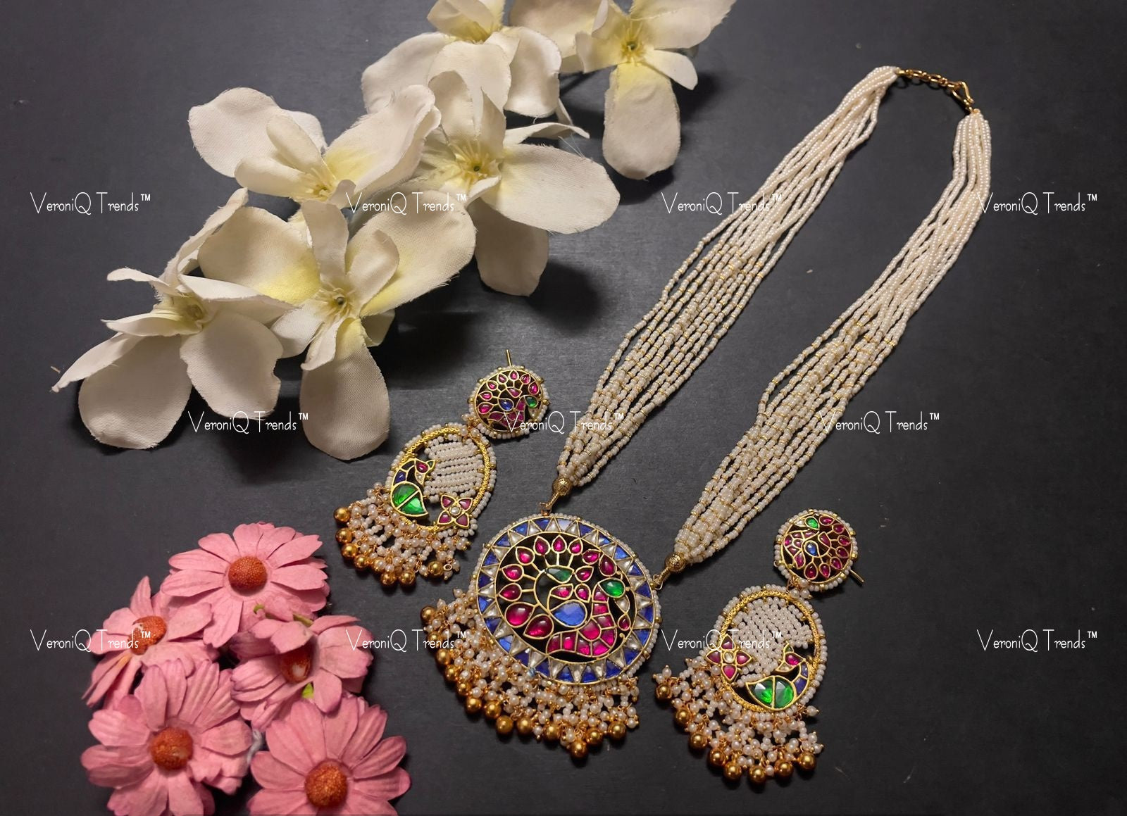 VeroniQ Trends-Multistrand Pearl Beaded And Kemp Stone Gold Plated Pachi Kundan Long Necklace With Peacock Motif Pachi Kundan-Gold Plated-Wedding Jewellery-Punjabi Jewellery-South Indian-Thappa Jewellery