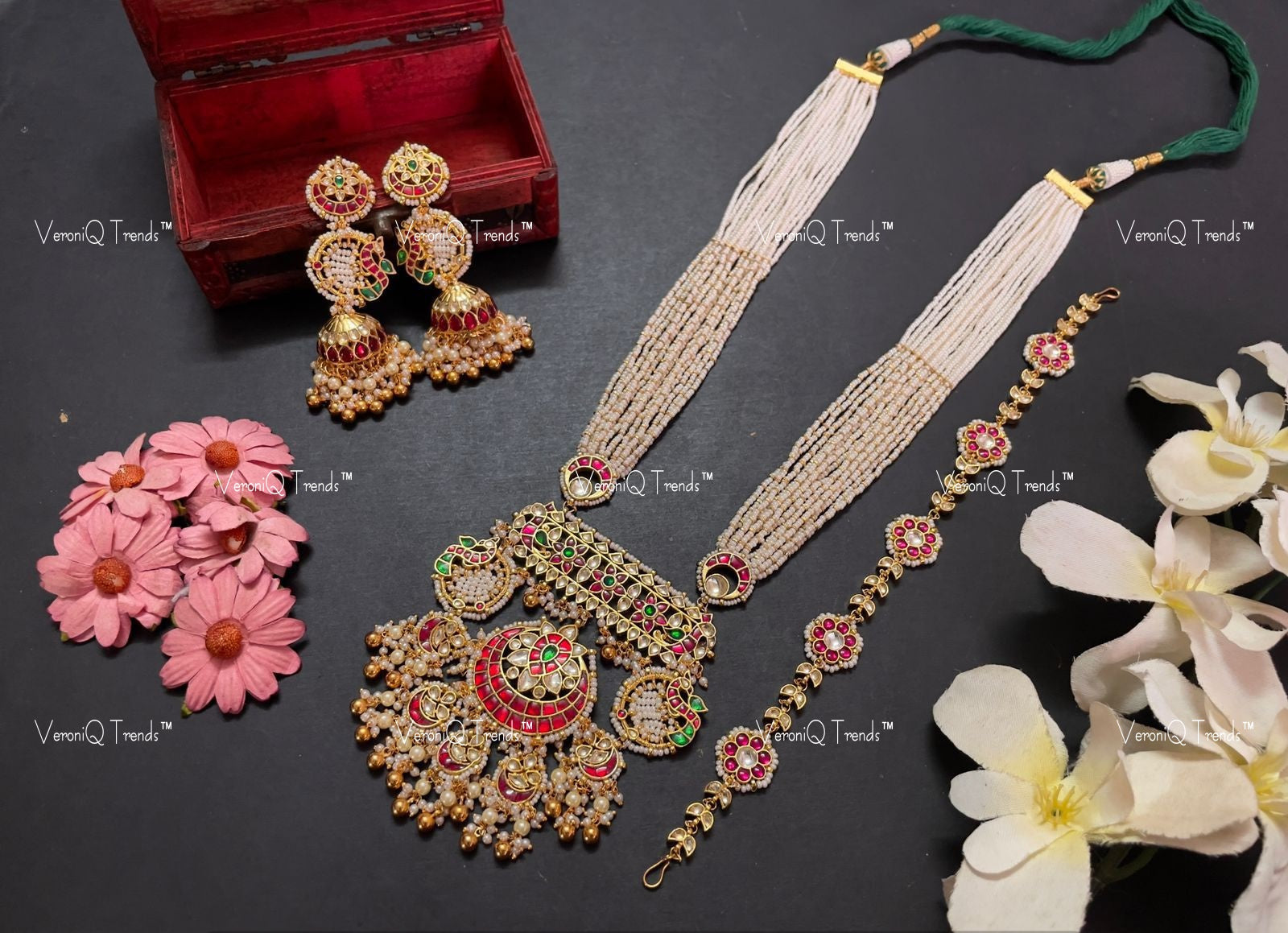 VeroniQ Trends-Multistrand Pearl Beaded And Kemp Stone Gold Plated Pachi Kundan Long Necklace With Earrings And Matha Patti Pachi Kundan-Gold Plated-Wedding Jewellery-Punjabi Jewellery-South Indian-Thappa Jewellery