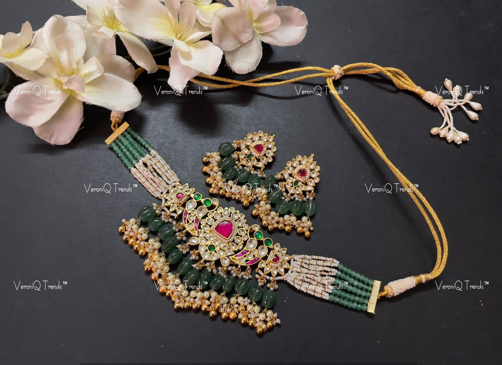 VeroniQ Trends-Traditional Kemp Stone Multistrand Pearl Beaded Gold Plated Pachi Kundan Choker Necklace With Peacock Motif Pachi Kundan-Gold Plated-Wedding Jewellery-Punjabi Jewellery-South Indian-Thappa Jewellery