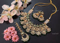 VeroniQ Trends-Bridal Green Meenakari with Beads Gold Plated Pachi Kundan Necklace With Earrings and Maang Tika Pachi Kundan-Gold Plated-Wedding Jewellery-Punjabi Jewellery-South Indian-Thappa Jewellery