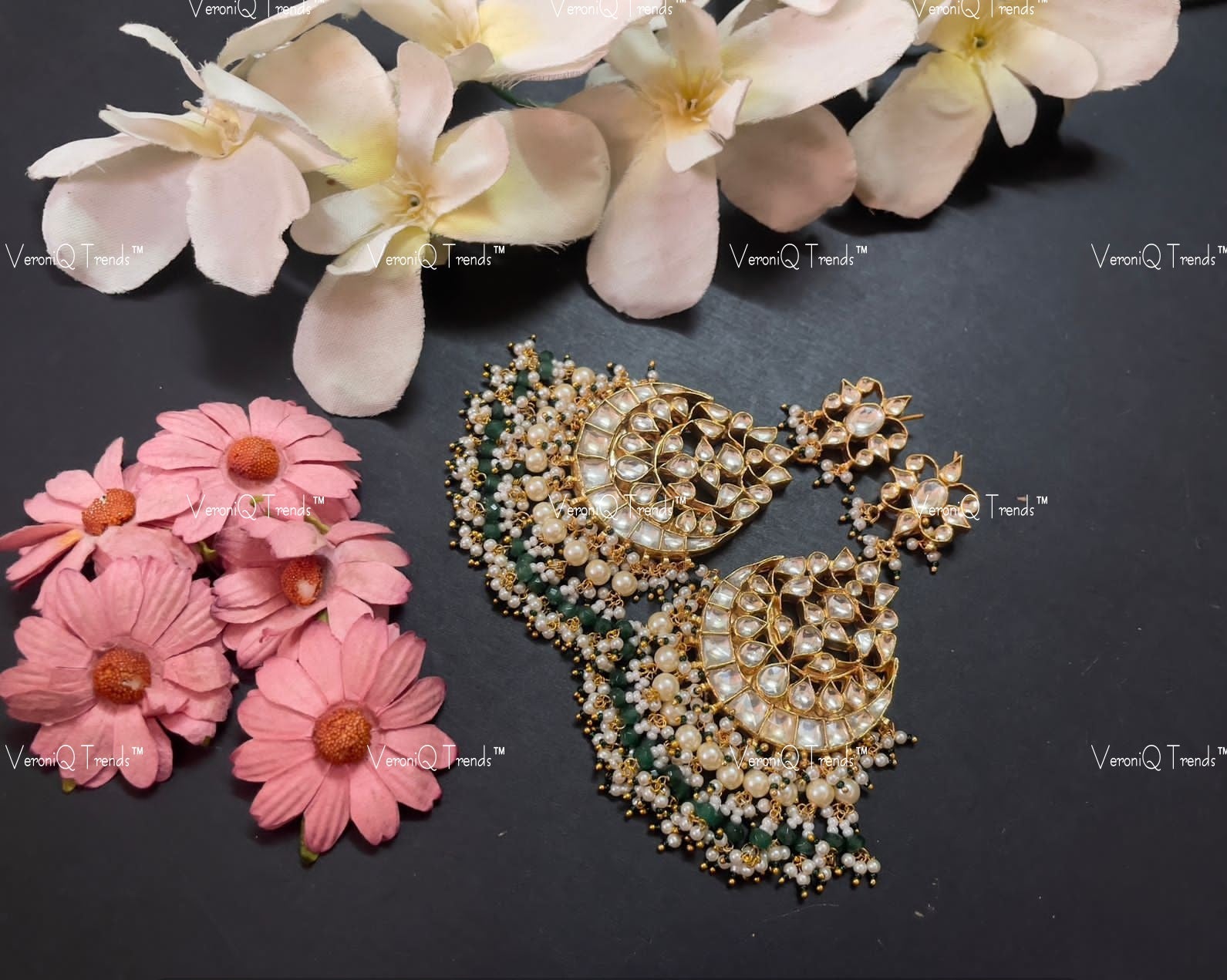 VeroniQ Trends-Kundan Jadau Gold Plated Pachi Kundan Chandbali Earrings With Green Beads Pachi Kundan-Gold Plated-Wedding Jewellery-Punjabi Jewellery-South Indian-Thappa Jewellery