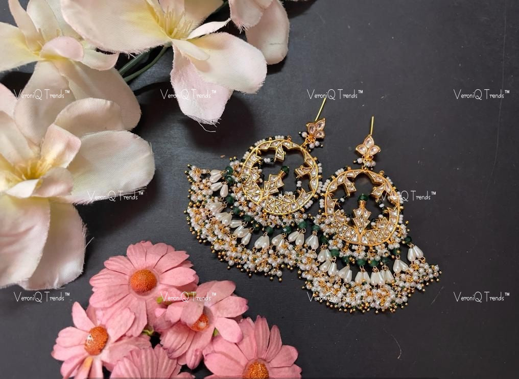 VeroniQ Trends-Traditional Kemp Stone Gold Plated Pachi Kundan Chandbali Earrings With Golden Beads Pachi Kundan-Gold Plated-Wedding Jewellery-Punjabi Jewellery-South Indian-Thappa Jewellery