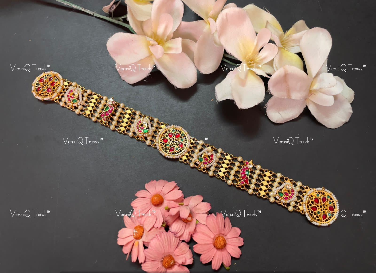 VeroniQ Trends-Kundan And Kemp Stone Gold Plated Pachi Kundan Damini Matha Patti Pachi Kundan-Gold Plated-Wedding Jewellery-Punjabi Jewellery-South Indian-Thappa Jewellery