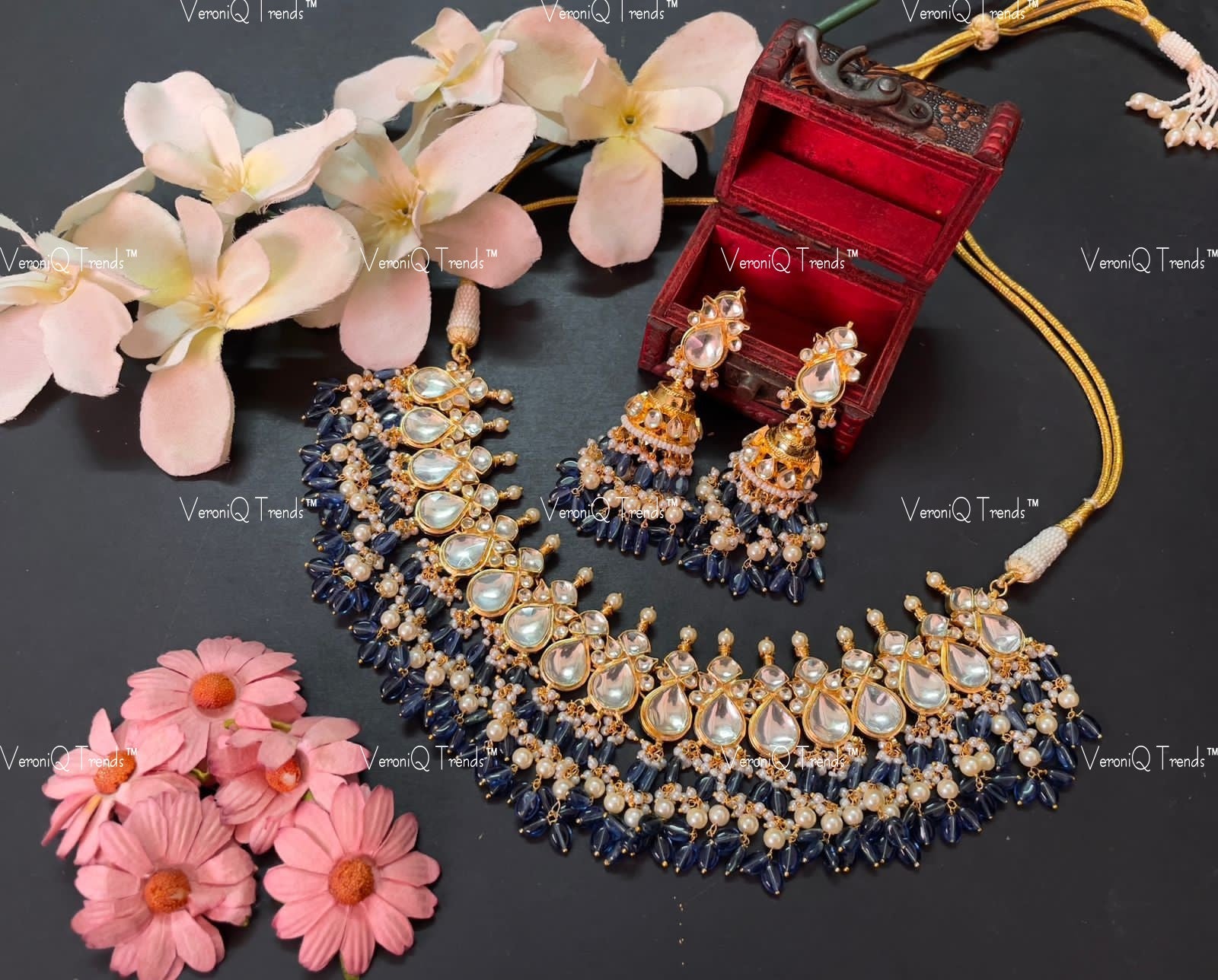 VeroniQ Trends-Kundan Jadau Blue Beads Gold Plated Pachi Kundan Necklace Pachi Kundan-Gold Plated-Wedding Jewellery-Punjabi Jewellery-South Indian-Thappa Jewellery