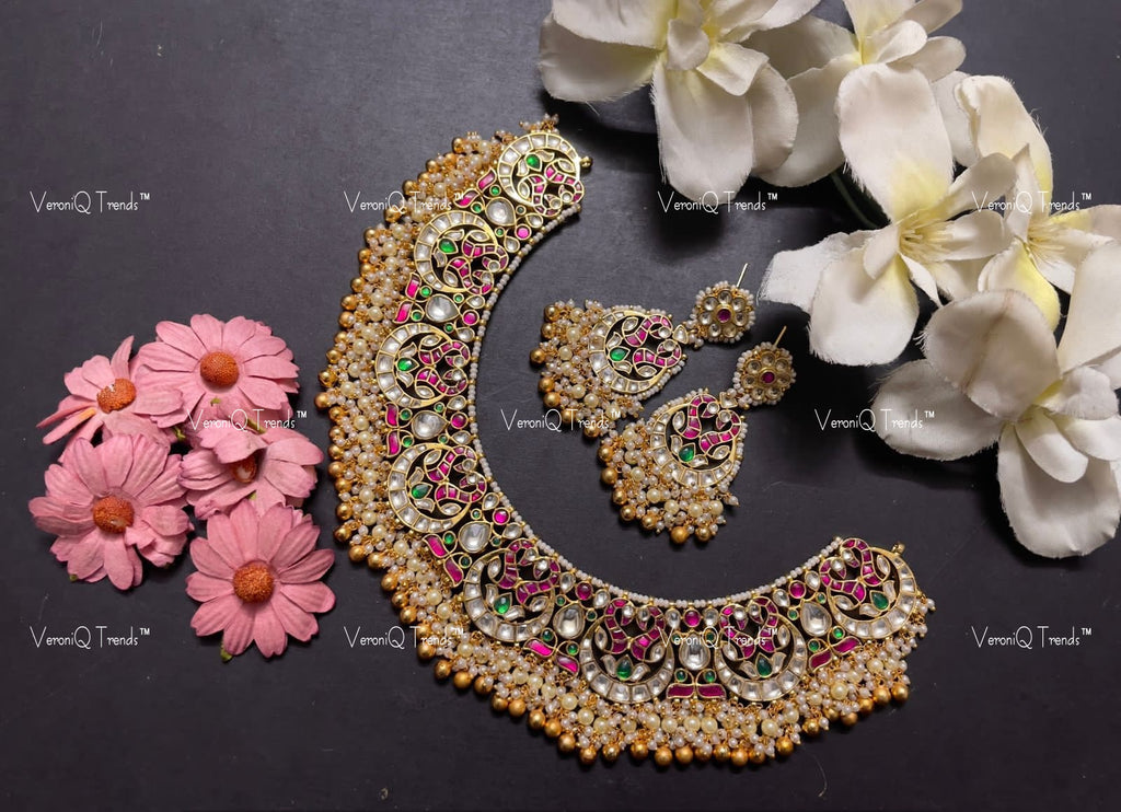 VeroniQ Trends-Traditional Kemp Stone Gold Plated Pachi Kundan Necklace Pachi Kundan-Gold Plated-Wedding Jewellery-Punjabi Jewellery-South Indian-Thappa Jewellery