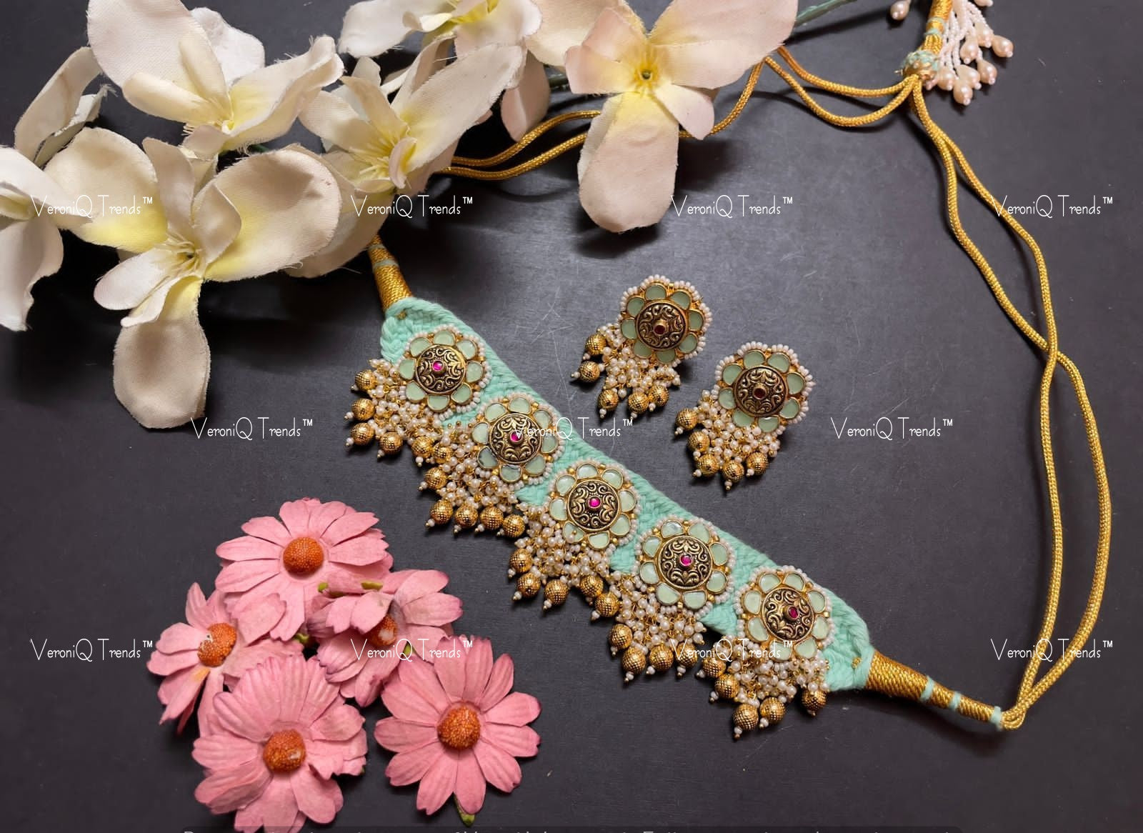 VeroniQ Trends-Turquoise Blue Gold Plated Pachi Kundan Choker Necklace Pachi Kundan-Gold Plated-Wedding Jewellery-Punjabi Jewellery-South Indian-Thappa Jewellery