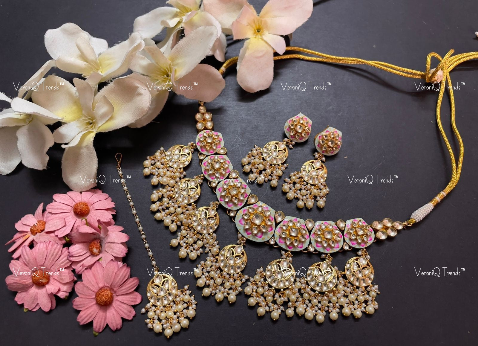 VeroniQ Trends-Pink Meenakari With Chandbali Drops Gold Plated Pachi Kundan Choker Necklace Pachi Kundan-Gold Plated-Wedding Jewellery-Punjabi Jewellery-South Indian-Thappa Jewellery