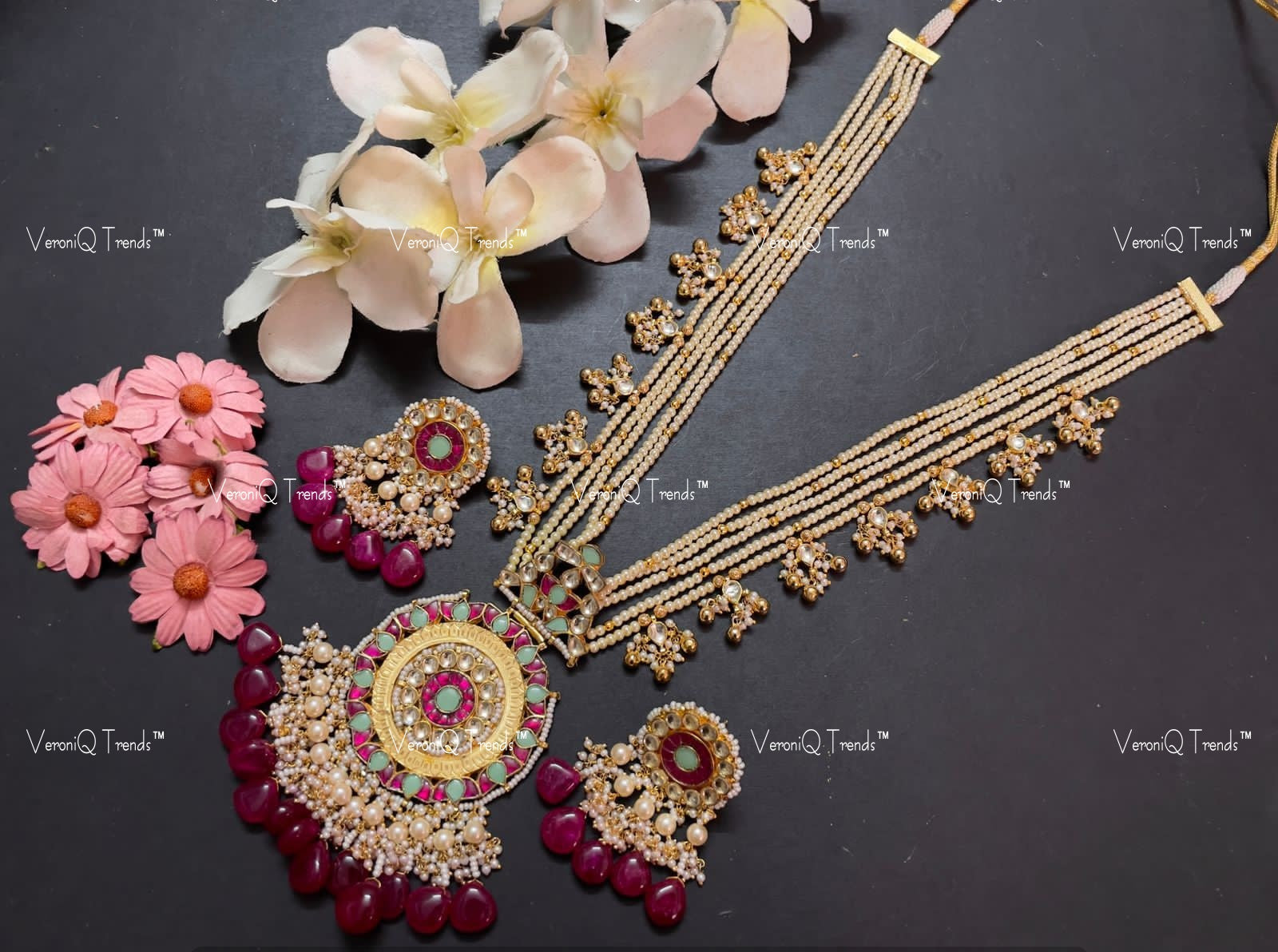 VeroniQ Trends-Traditional Kemp Stone With Ruby Pink Beads Gold Plated Pachi Kundan Long Rani Haar Necklace Pachi Kundan-Gold Plated-Wedding Jewellery-Punjabi Jewellery-South Indian-Thappa Jewellery