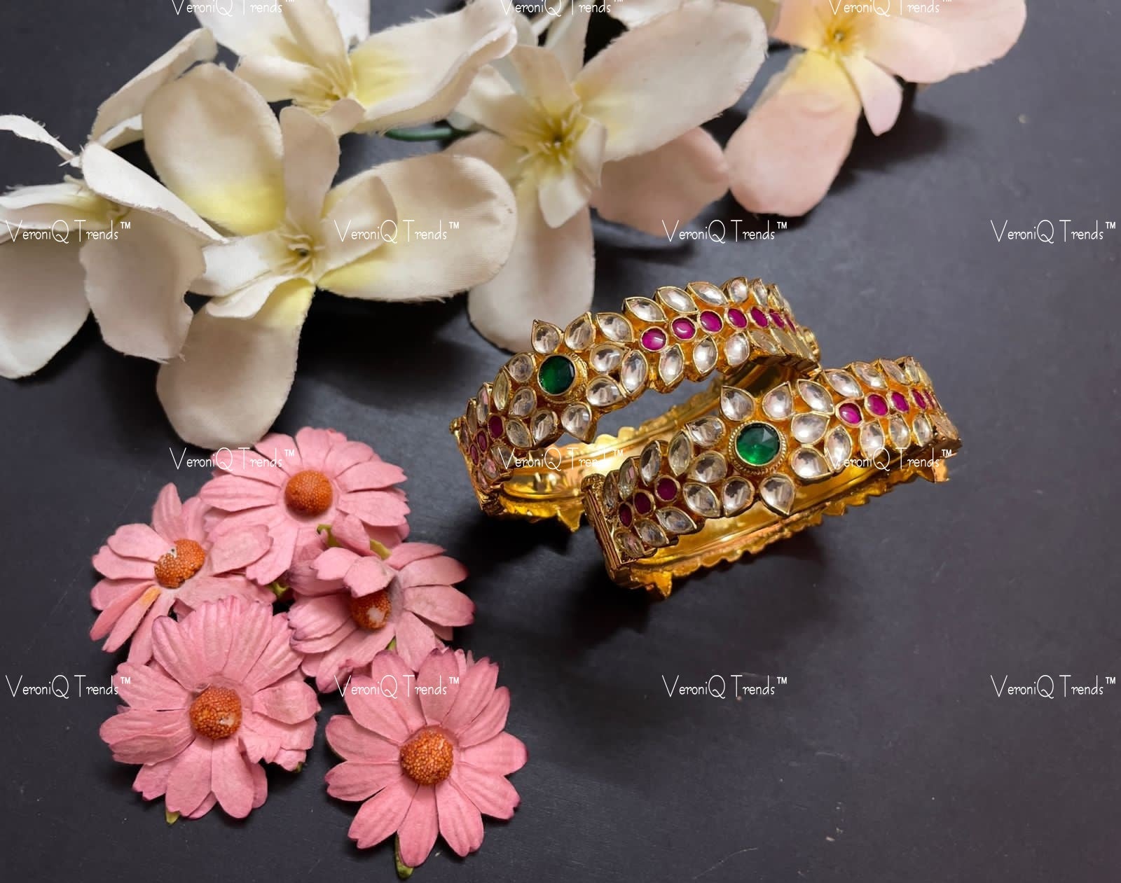 VeroniQ Trends-Kemp Stone Gold Plated Pachi Kundan Bangles Pachi Kundan-Gold Plated-Wedding Jewellery-Punjabi Jewellery-South Indian-Thappa Jewellery
