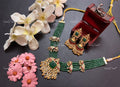 VeroniQ Trends-Multistrand Green Beaded Carved Stone Gold Plated Pachi Kundan Necklace With Peacock Motif Pachi Kundan-Gold Plated-Wedding Jewellery-Punjabi Jewellery-South Indian-Thappa Jewellery