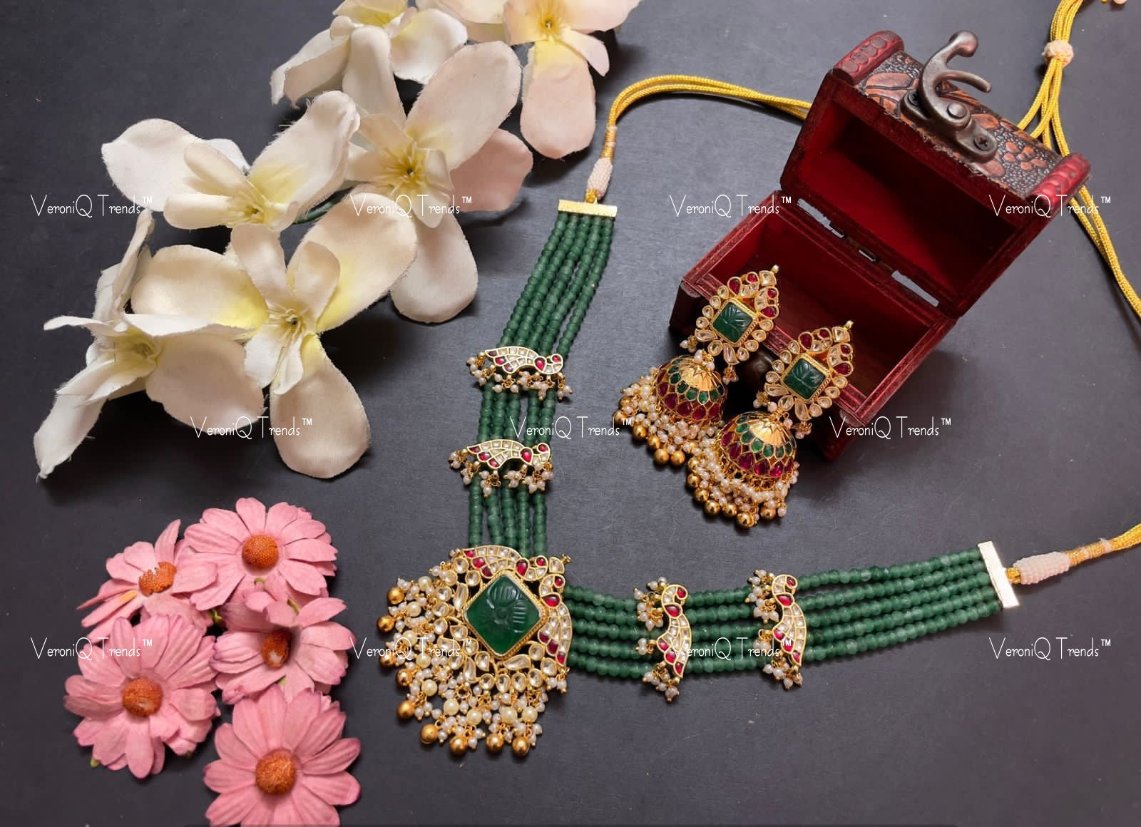 VeroniQ Trends-Multistrand Green Beaded Carved Stone Gold Plated Pachi Kundan Necklace With Peacock Motif Pachi Kundan-Gold Plated-Wedding Jewellery-Punjabi Jewellery-South Indian-Thappa Jewellery