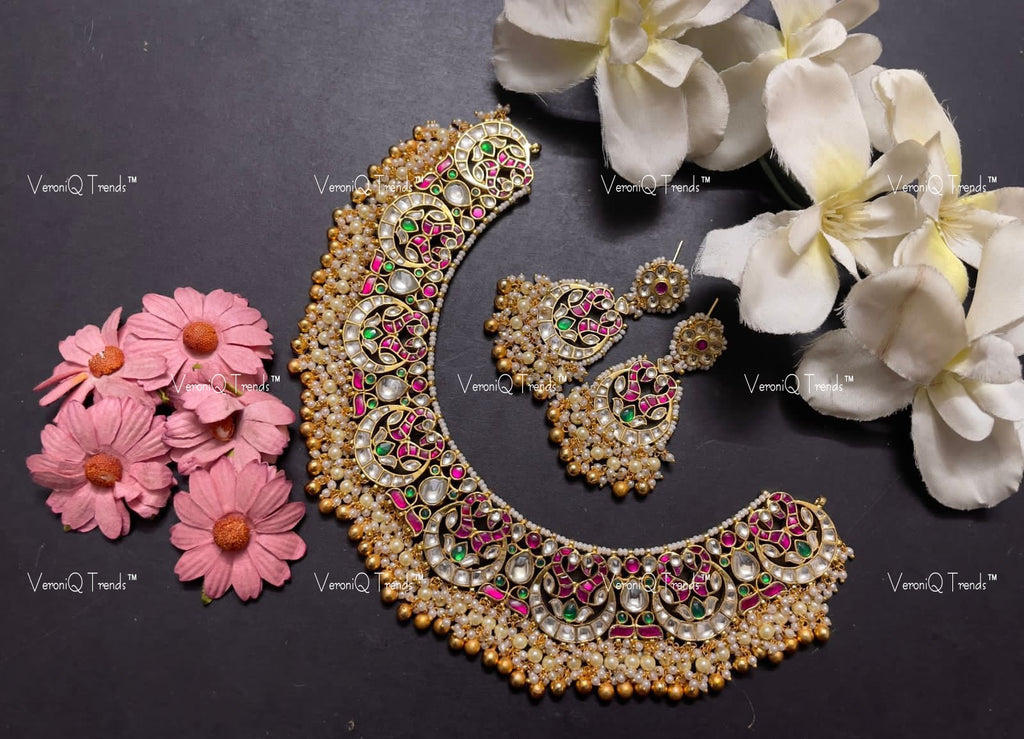 VeroniQ Trends-Traditional Kemp Stone Gold Plated Pachi Kundan Necklace With Peacock Motif Pachi Kundan-Gold Plated-Wedding Jewellery-Punjabi Jewellery-South Indian-Thappa Jewellery