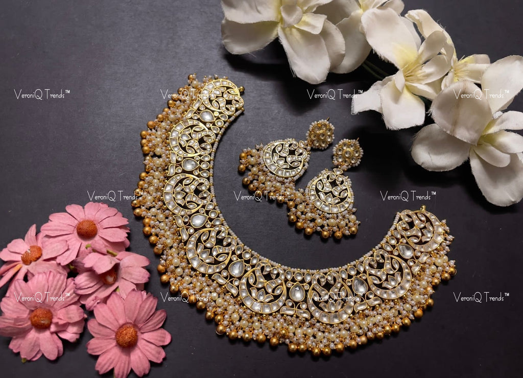 VeroniQ Trends-Traditional Kemp Stone Gold Plated Pachi Kundan Necklace With Peacock Motif Pachi Kundan-Gold Plated-Wedding Jewellery-Punjabi Jewellery-South Indian-Thappa Jewellery