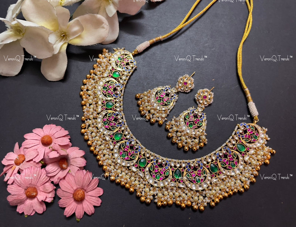 VeroniQ Trends-Traditional Kemp Stone Gold Plated Pachi Kundan Necklace With Peacock Motif Pachi Kundan-Gold Plated-Wedding Jewellery-Punjabi Jewellery-South Indian-Thappa Jewellery