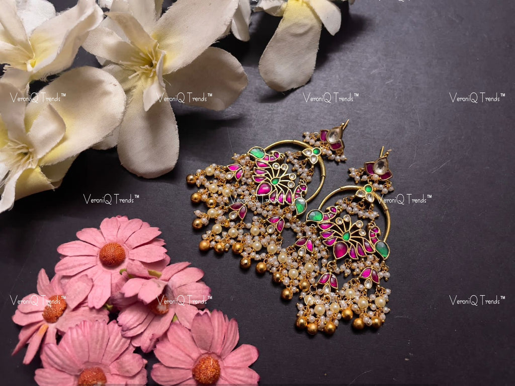 VeroniQ Trends-Peacock Design Kemp Stone Gold Plated Pachi Kundan Chandbali Earrings Pachi Kundan-Gold Plated-Wedding Jewellery-Punjabi Jewellery-South Indian-Thappa Jewellery