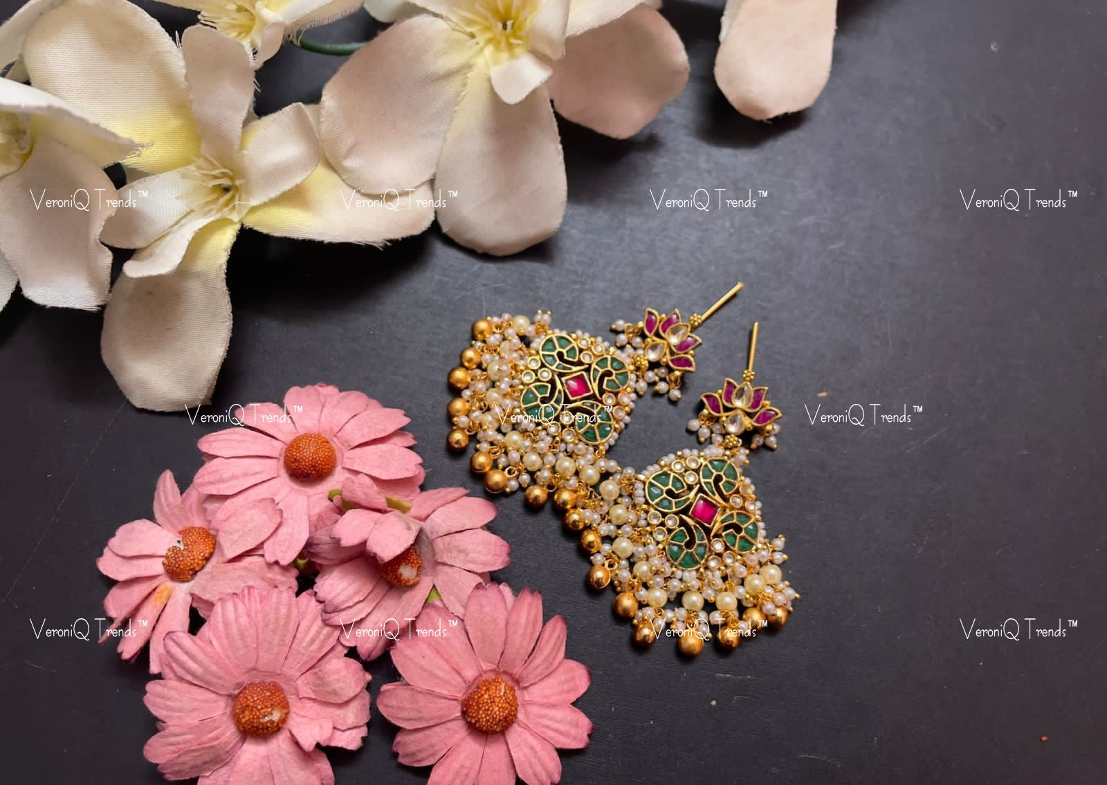 VeroniQ Trends-Elegant Kemp Stone Gold Plated Pachi Kundan Earrings Pachi Kundan-Gold Plated-Wedding Jewellery-Punjabi Jewellery-South Indian-Thappa Jewellery