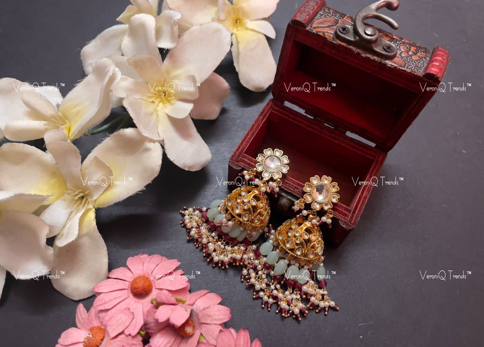 VeroniQ Trends-Royal Gold Plated Kundan Jadau Pachi Kundan Jhumki Earrings With Turquoise Blue Beads Pachi Kundan-Gold Plated-Wedding Jewellery-Punjabi Jewellery-South Indian-Thappa Jewellery