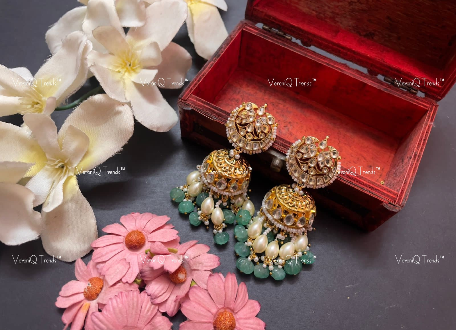 VeroniQ Trends-Royal Gold Plated Kundan Jadau Pachi Kundan Chandbali Jhumki Earrings Pachi Kundan-Gold Plated-Wedding Jewellery-Punjabi Jewellery-South Indian-Thappa Jewellery