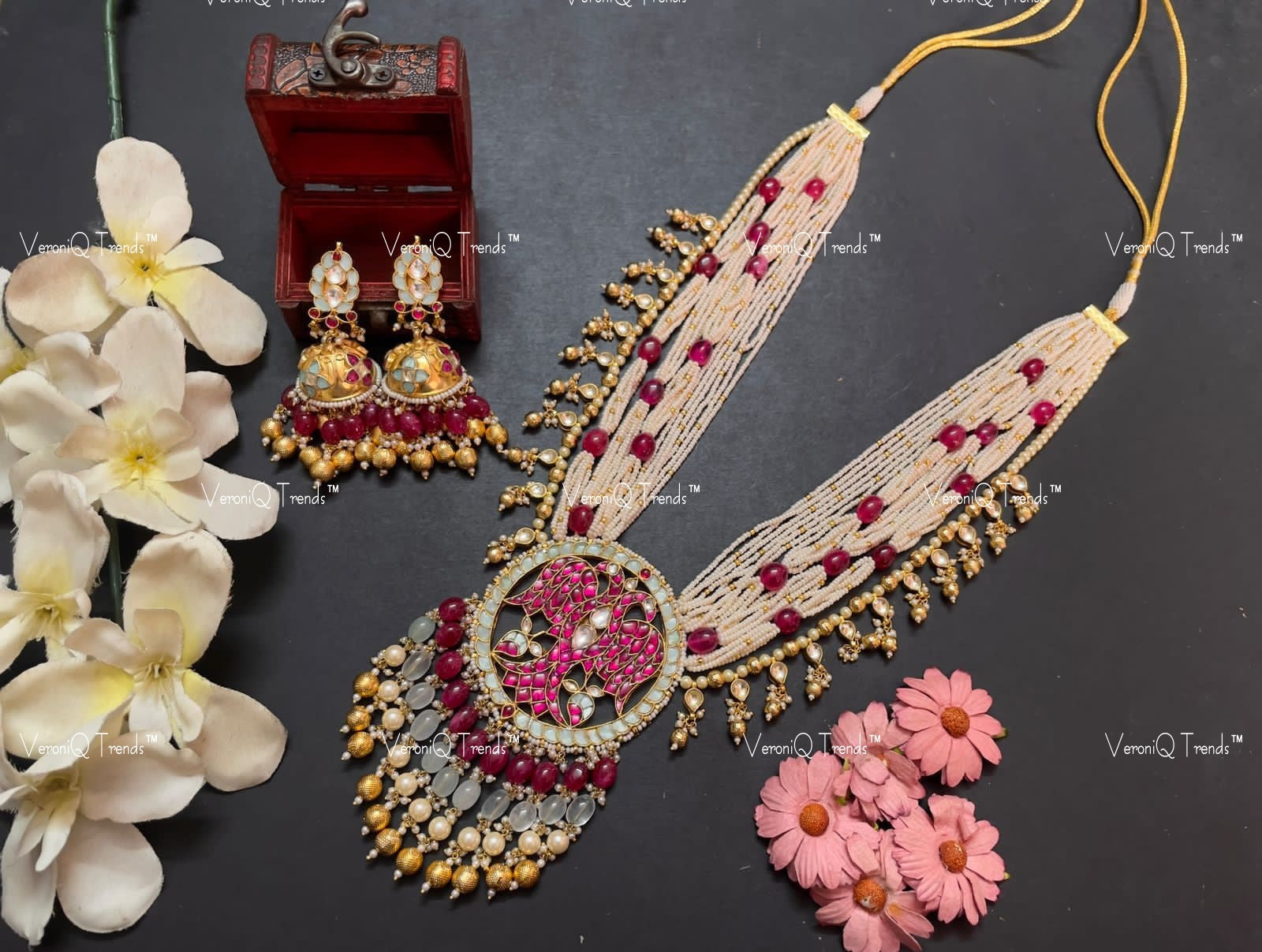 VeroniQ Trends-Peacock Design Multistrand Kemp Stone Gold Plated Pachi Kundan Long Necklace Pachi Kundan-Gold Plated-Wedding Jewellery-Punjabi Jewellery-South Indian-Thappa Jewellery
