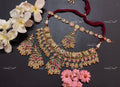 VeroniQ Trends-South Indian Kemp Stone Gold Plated Pachi Kundan Necklace With Earrings And Matha Patti Pachi Kundan-Gold Plated-Wedding Jewellery-Punjabi Jewellery-South Indian-Thappa Jewellery