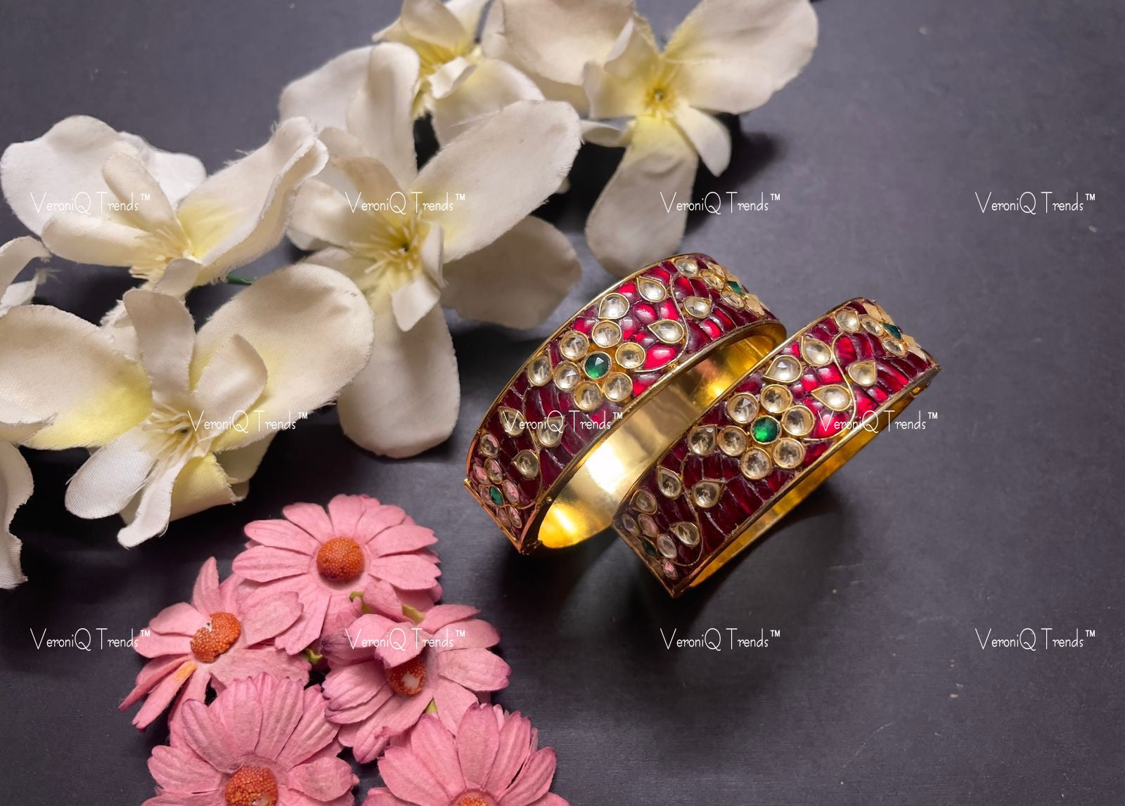 VeroniQ Trends-Pink Color Kemp Stone Gold Plated Pachi Kundan Bangles Pachi Kundan-Gold Plated-Wedding Jewellery-Punjabi Jewellery-South Indian-Thappa Jewellery