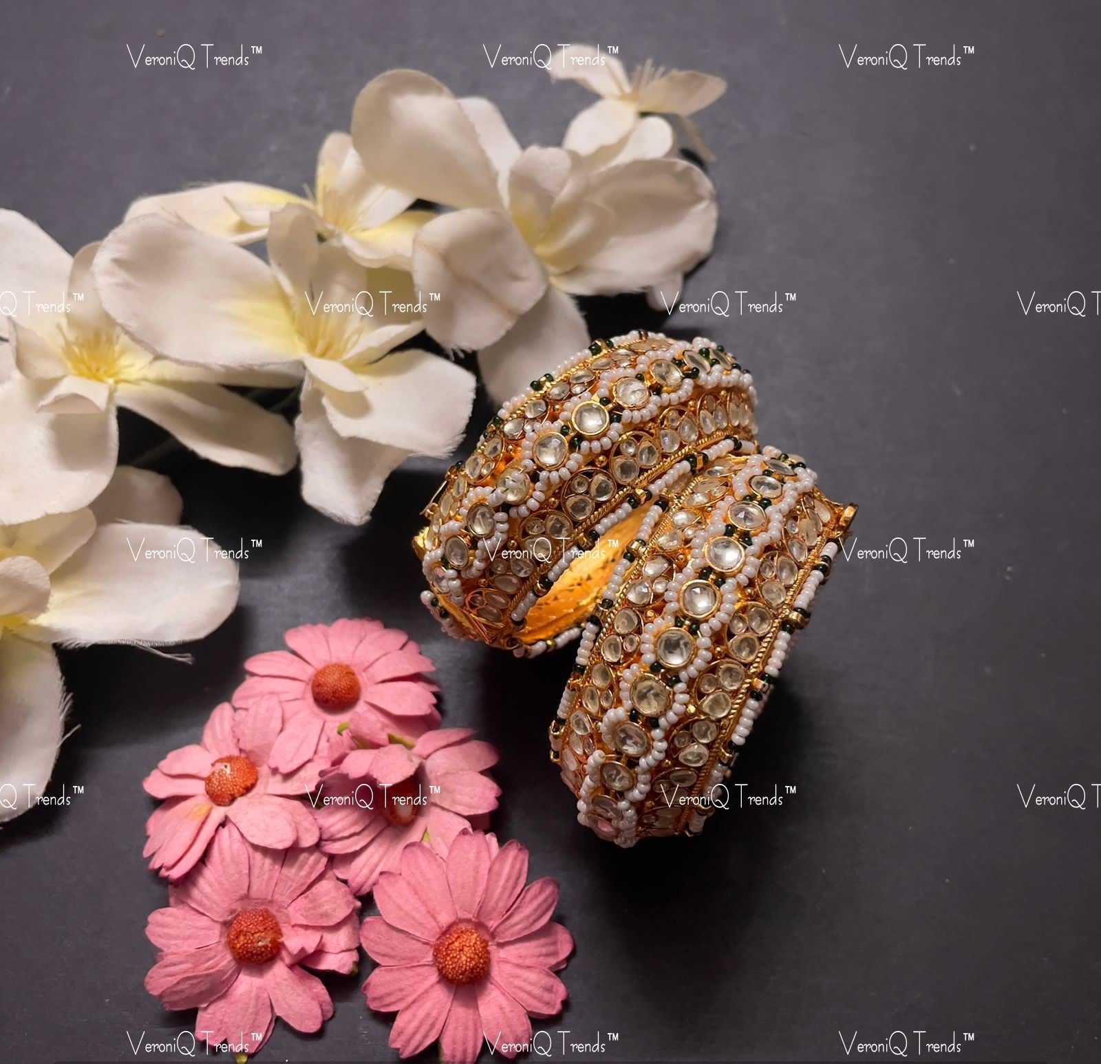 VeroniQ Trends-Traditional Kemp Stone and Pearl Gold Plated Pachi Kundan Bangles Pachi Kundan-Gold Plated-Wedding Jewellery-Punjabi Jewellery-South Indian-Thappa Jewellery