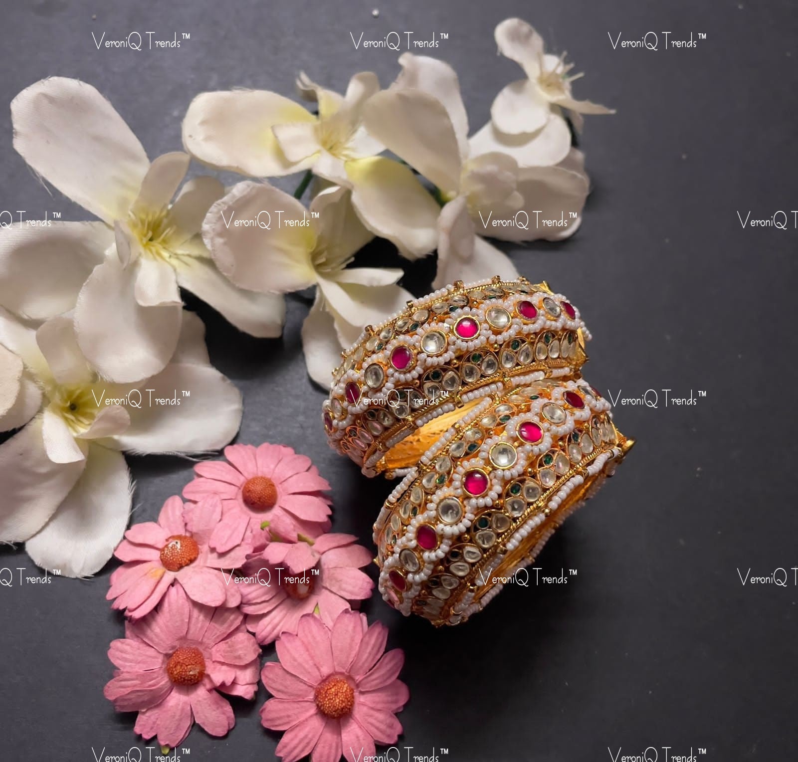 VeroniQ Trends-Traditional Kemp Stone and Pearl Gold Plated Pachi Kundan Bangles Pachi Kundan-Gold Plated-Wedding Jewellery-Punjabi Jewellery-South Indian-Thappa Jewellery