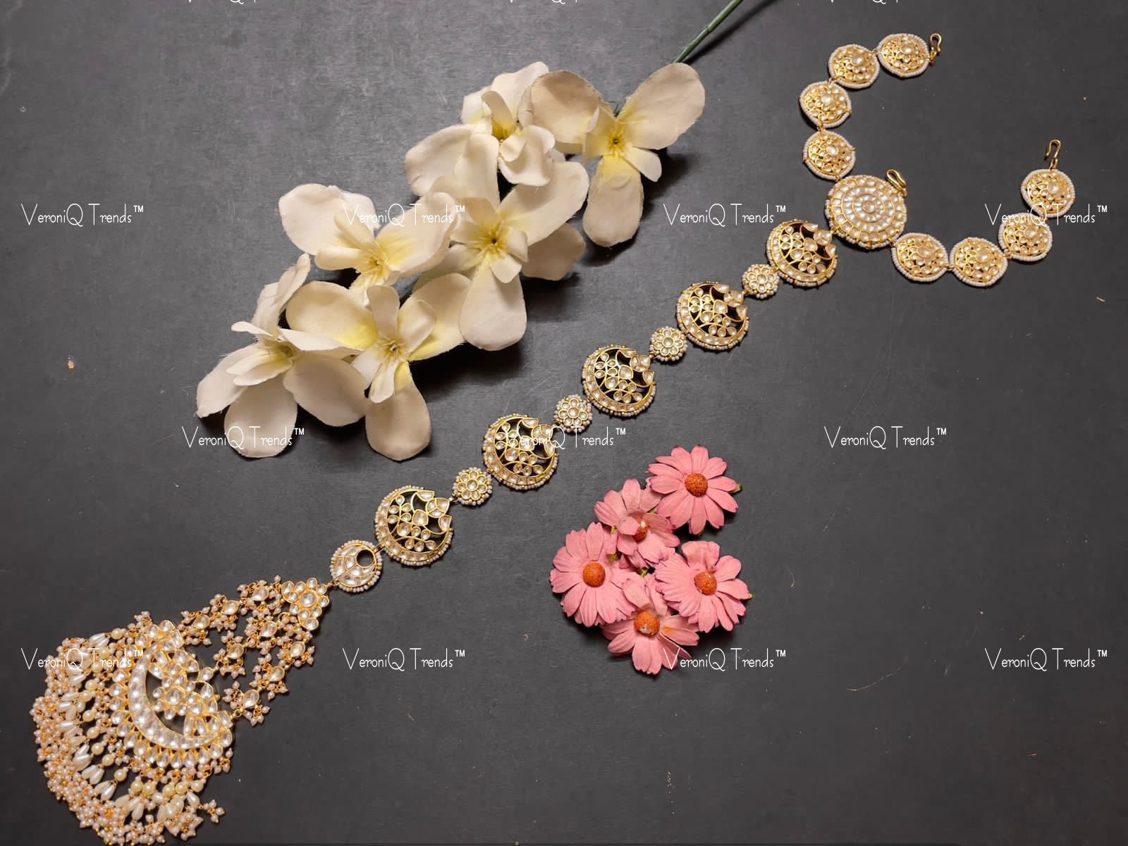 VeroniQ Trends-South Indian Kundan Jadau Gold Plated Pachi Kundan Hair Braid Accessories Pachi Kundan-Gold Plated-Wedding Jewellery-Punjabi Jewellery-South Indian-Thappa Jewellery