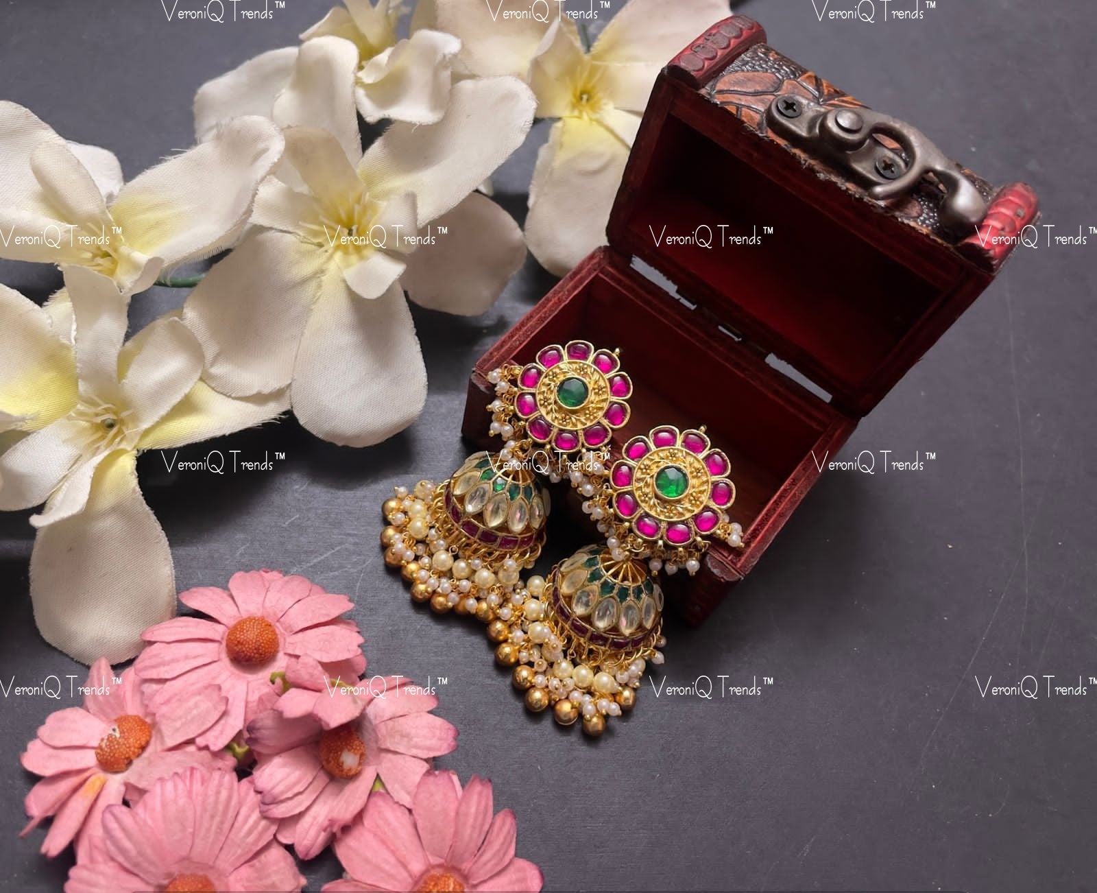 VeroniQ Trends-Traditional Kemp Stone Gold Plated Pachi Kundan Jhumki Earrings Pachi Kundan-Gold Plated-Wedding Jewellery-Punjabi Jewellery-South Indian-Thappa Jewellery