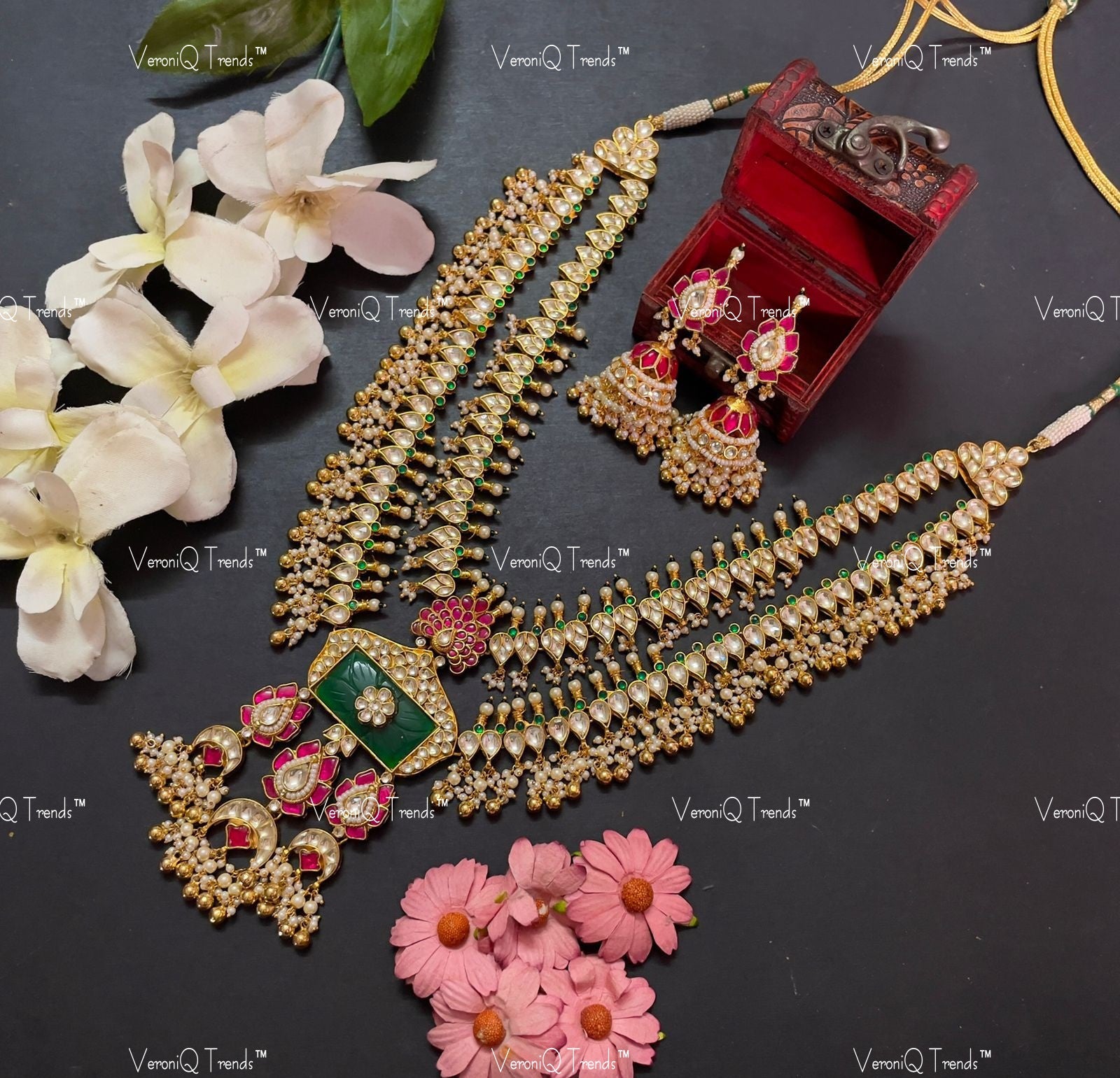 VeroniQ Trends-Double Line Kemp Stone Pachi Kundan Gold Plated Long Necklace Pachi Kundan-Gold Plated-Wedding Jewellery-Punjabi Jewellery-South Indian-Thappa Jewellery