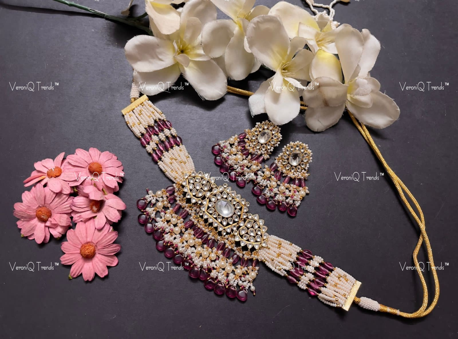 VeroniQ Trends-Multistrand Beaded Gold Plated Ruby Pink Beads Pachi Kundan Choker Necklace Pachi Kundan-Gold Plated-Wedding Jewellery-Punjabi Jewellery-South Indian-Thappa Jewellery